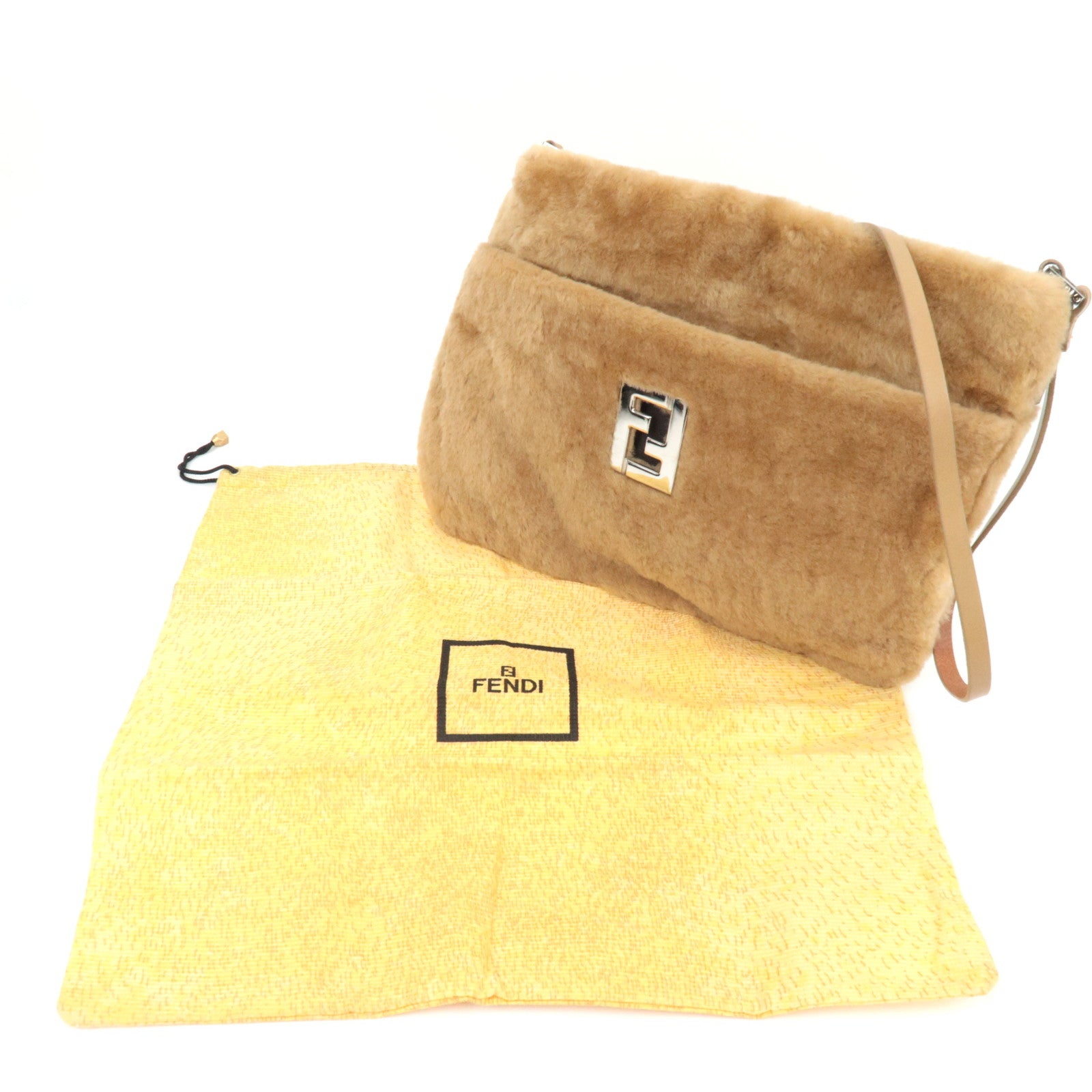 FENDI Fur Shoulder Bag Beige 15998
