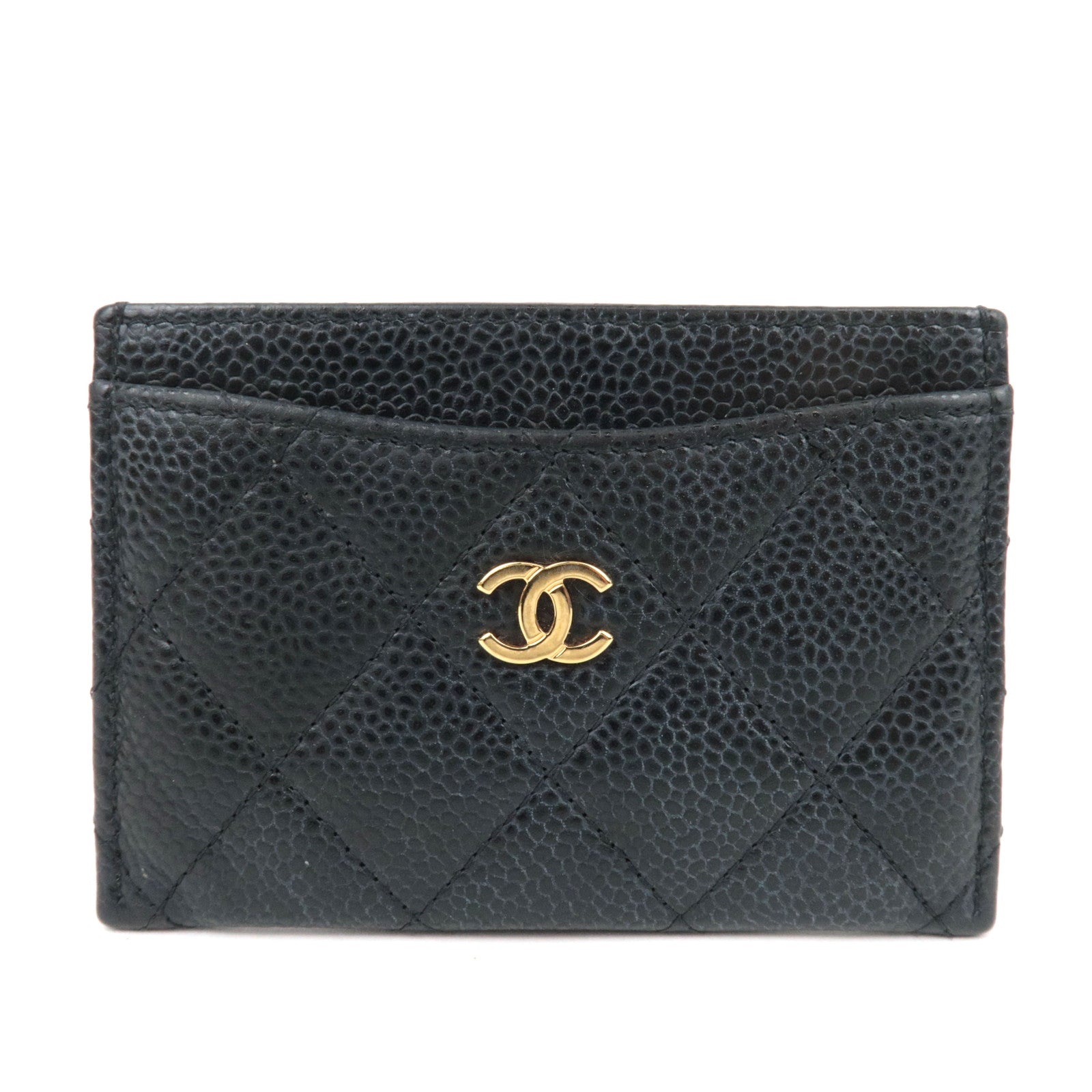 CHANEL Matelasse Caviarskin Card Case Black Gold HDW87218