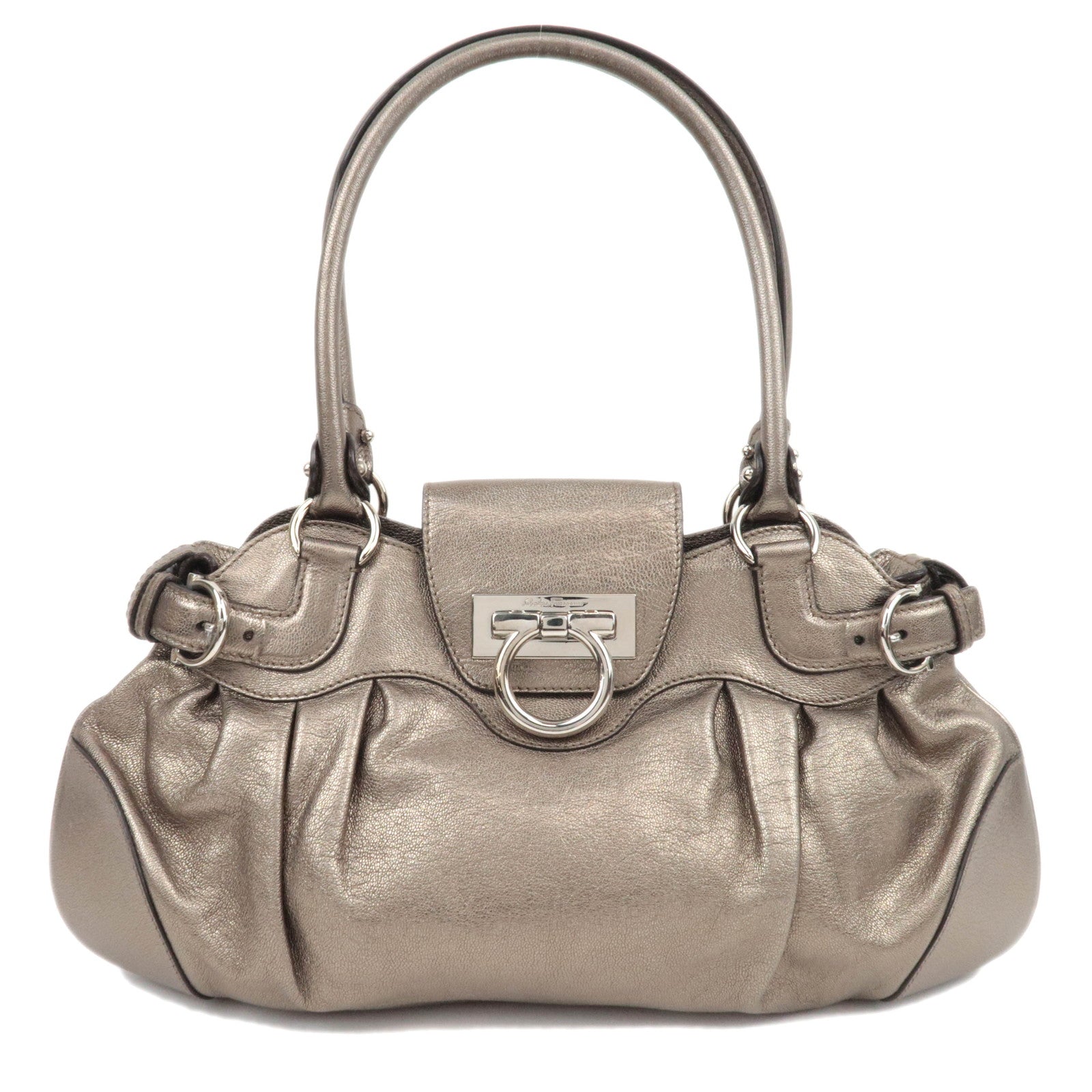 Ferragamo Gancini Leather Shoulder Bag Metallic Gray87281