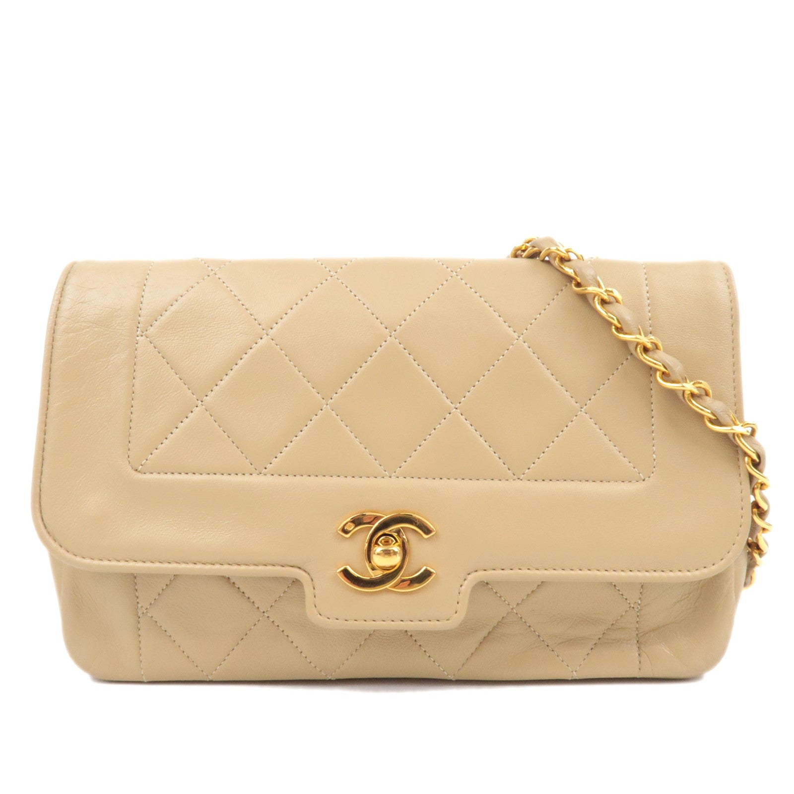 CHANEL Diana Matelasse Lambskin Chain Shoulder Bag Beige87339
