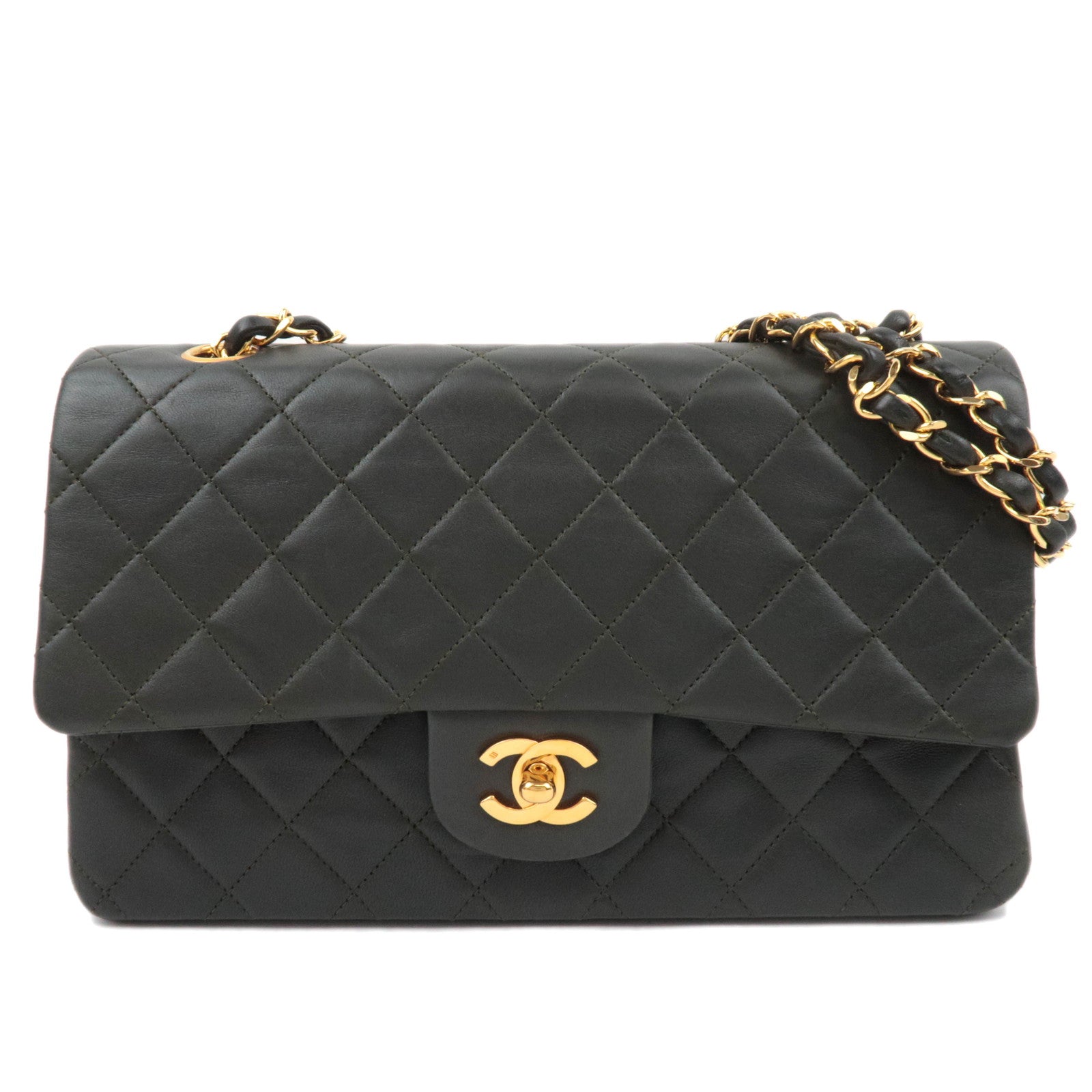 CHANEL Matelasse 25 Lambskin Double Chain Shoulder Bag Dark Green87377