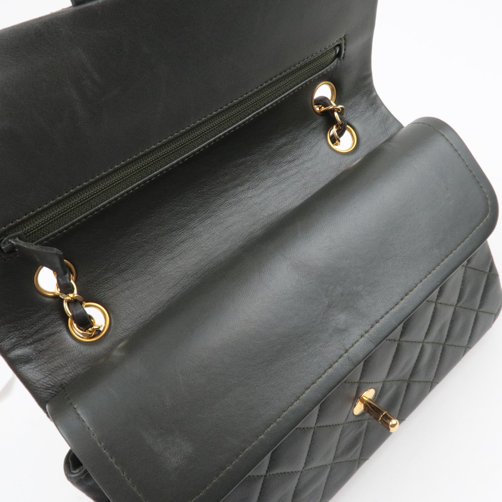 CHANEL Matelasse 25 Lambskin Double Chain Shoulder Bag Dark Green