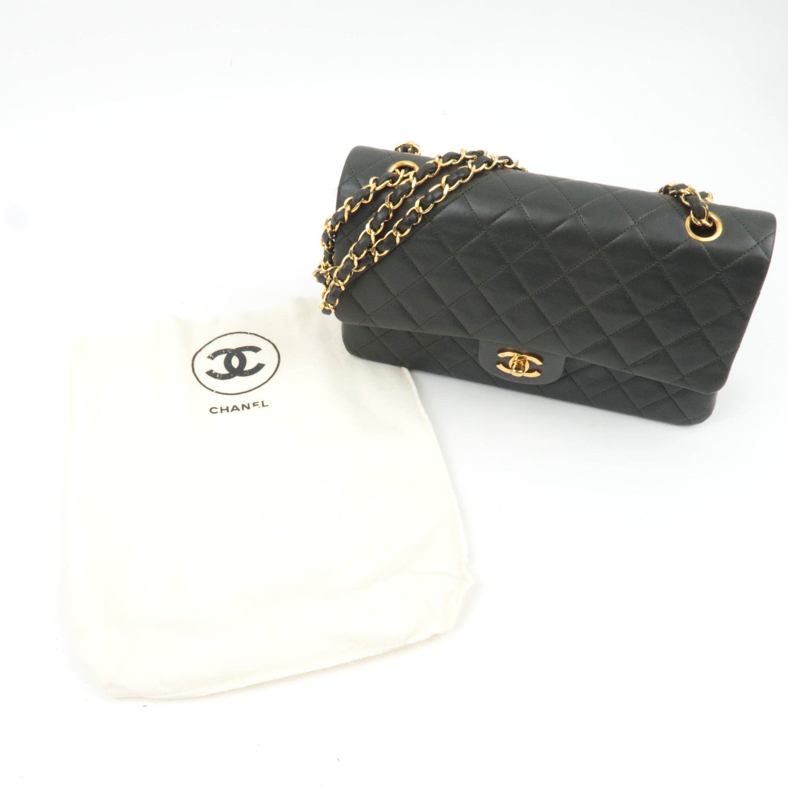 CHANEL Matelasse 25 Lambskin Double Chain Shoulder Bag Dark Green