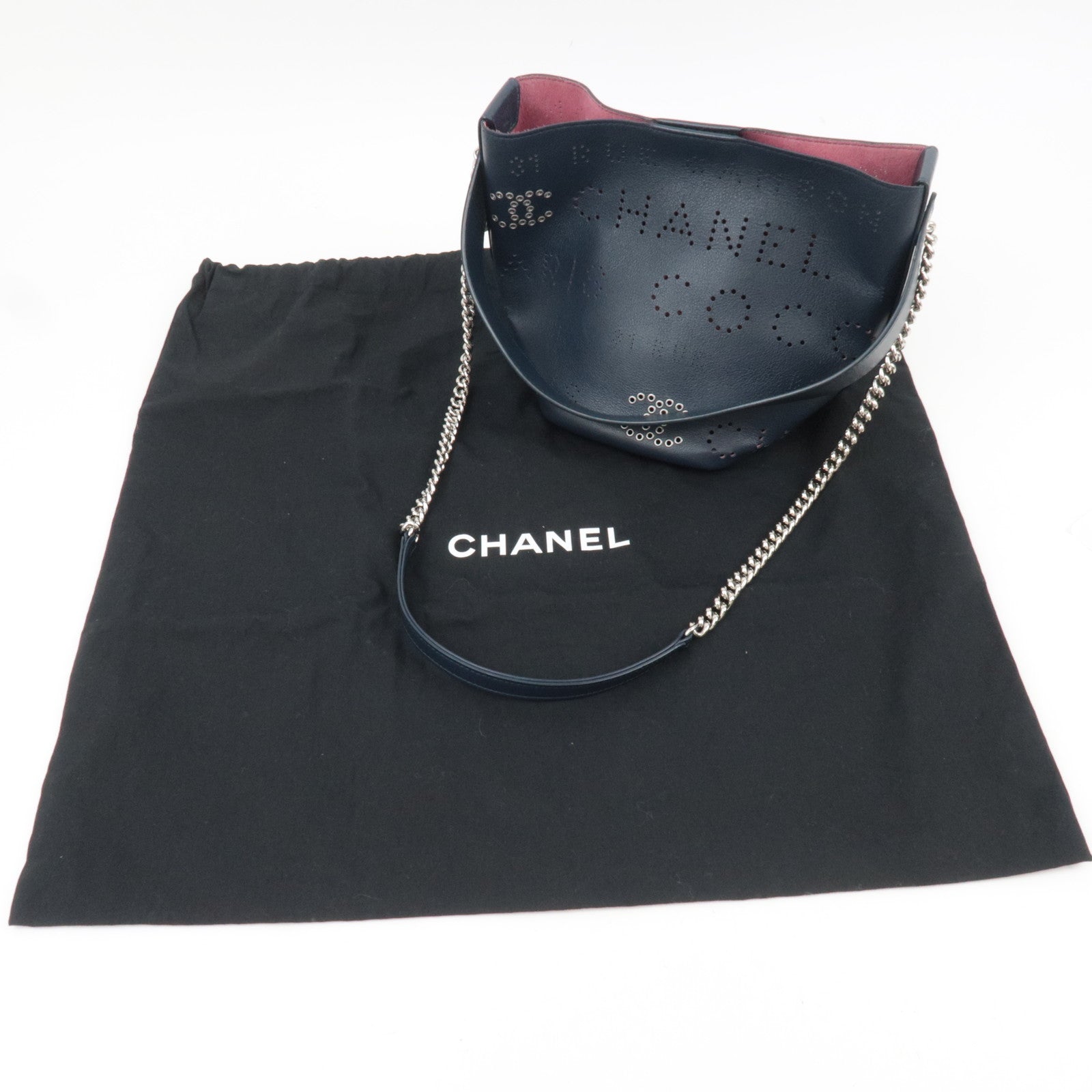CHANEL Coco Mark Perforated 2Way Leather Chain Shoulder Bag Navy AS0304