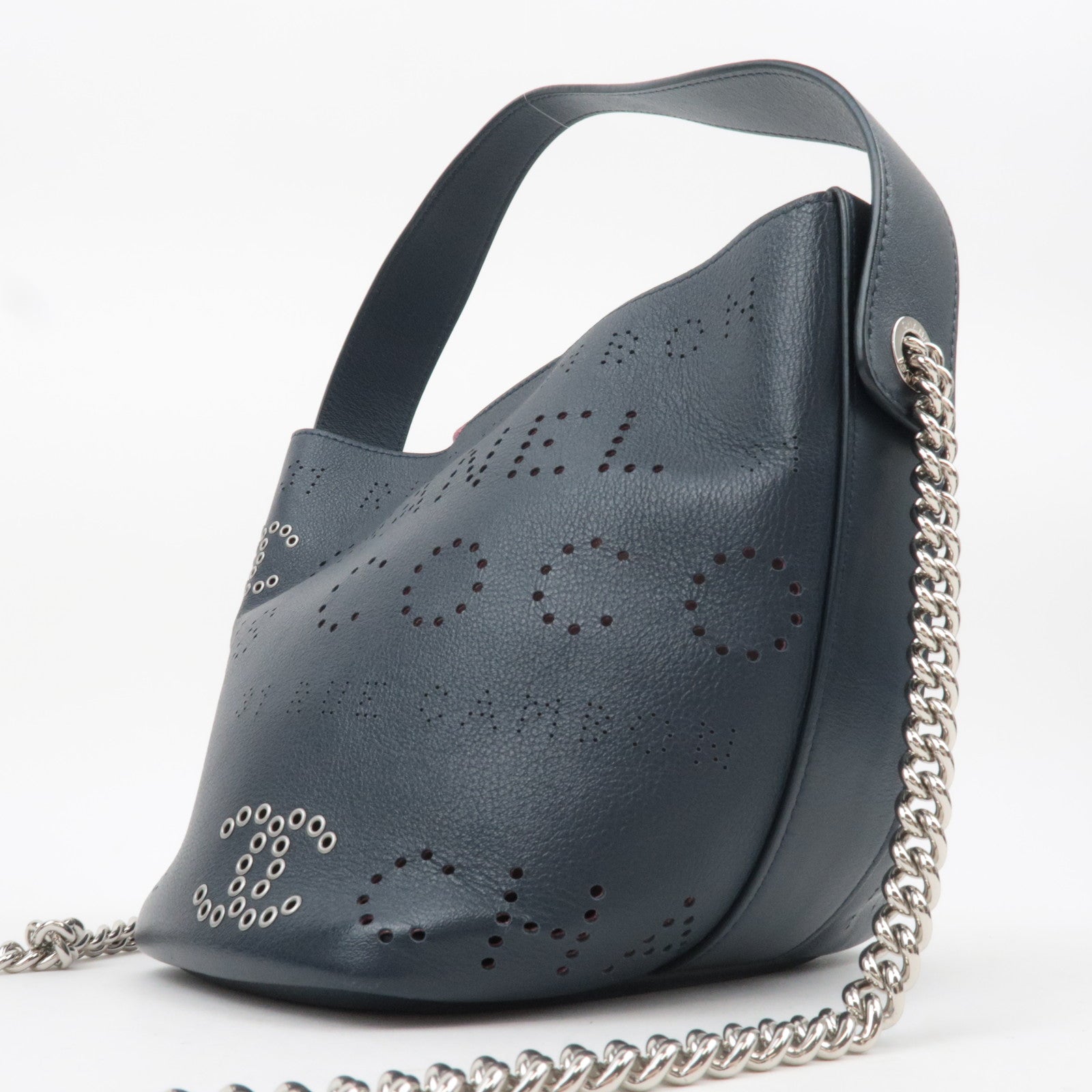 CHANEL Coco Mark Perforated 2Way Leather Chain Shoulder Bag Navy AS0304
