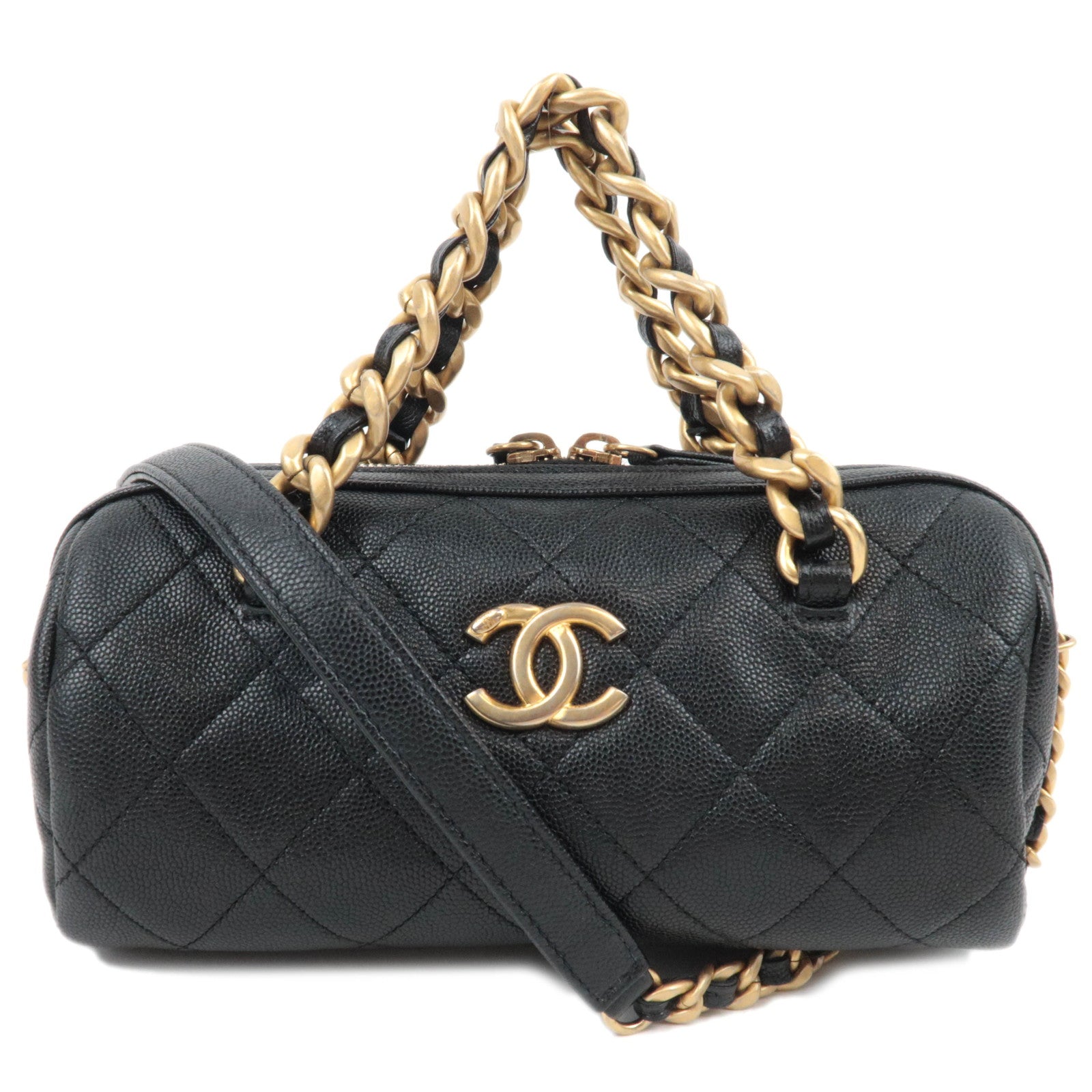 CHANEL Matelasse Caviarskin 2 Way Chain Shoulder Bowling Bag Black Gold HDW *G card87418