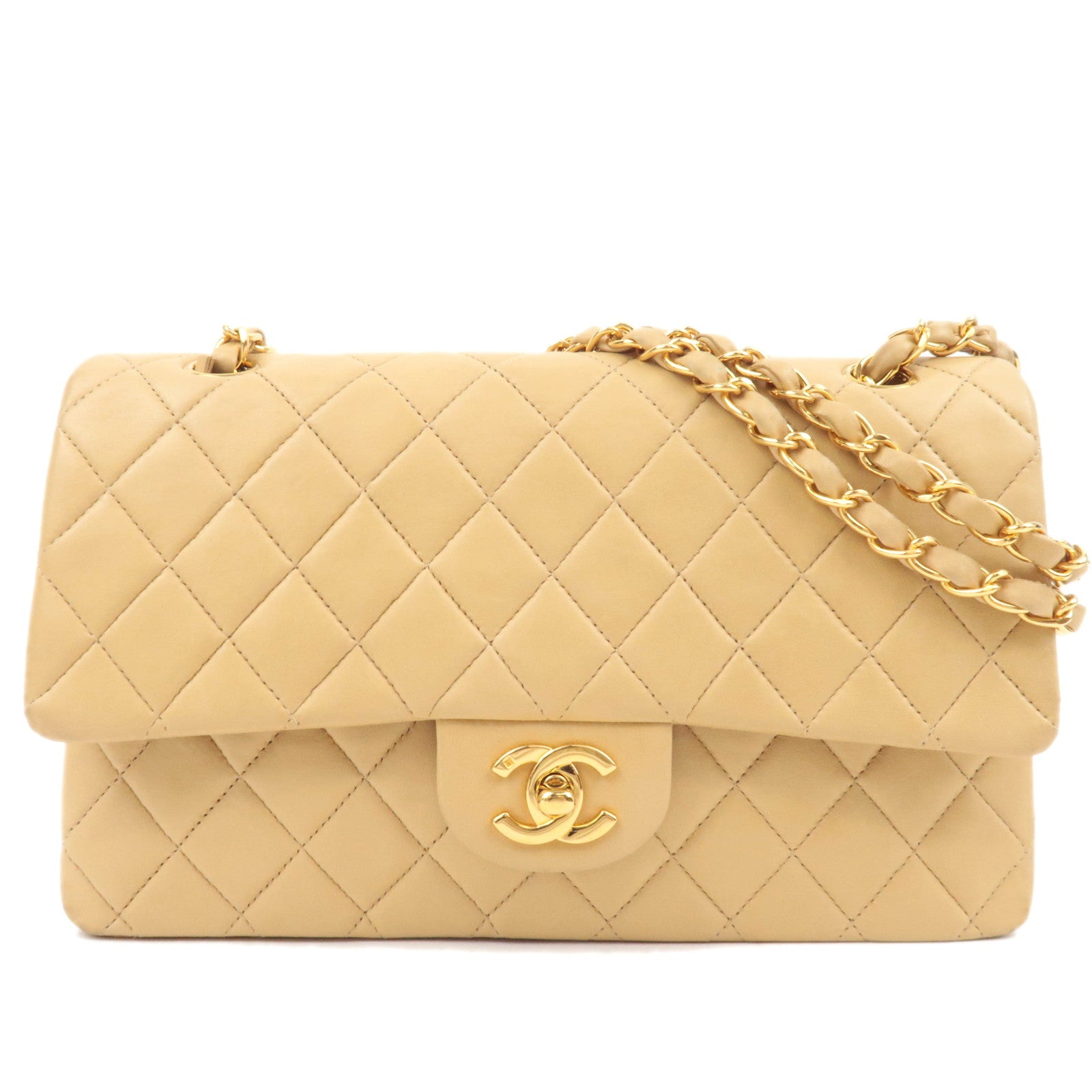 CHANEL Matelasse Lambskin Double Flap Chain Shoulder Bag Beige Gold HDW *G card87432