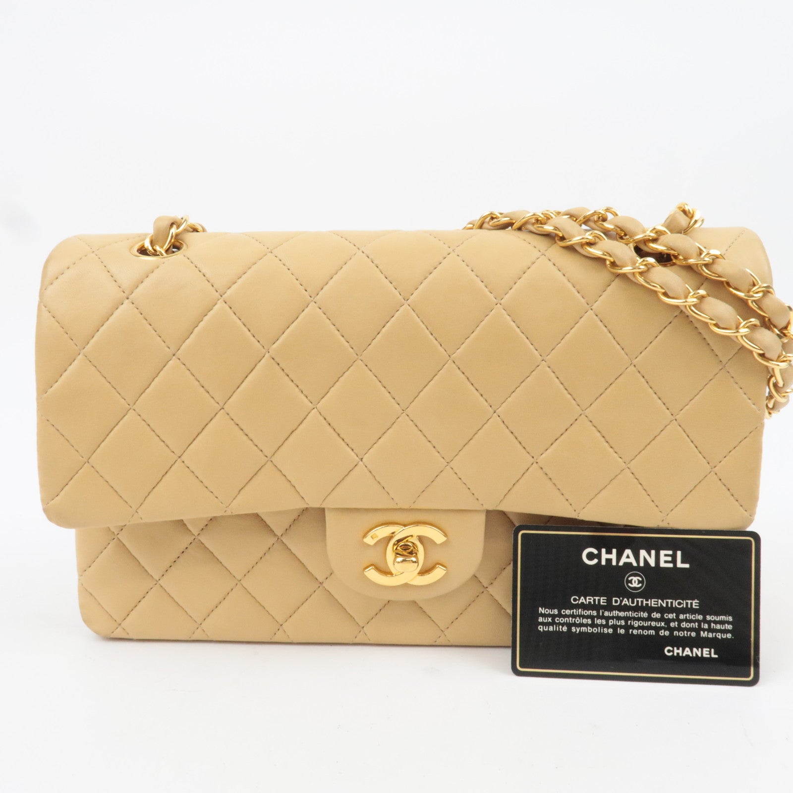 CHANEL Matelasse Lambskin Double Flap Chain Shoulder Bag Beige