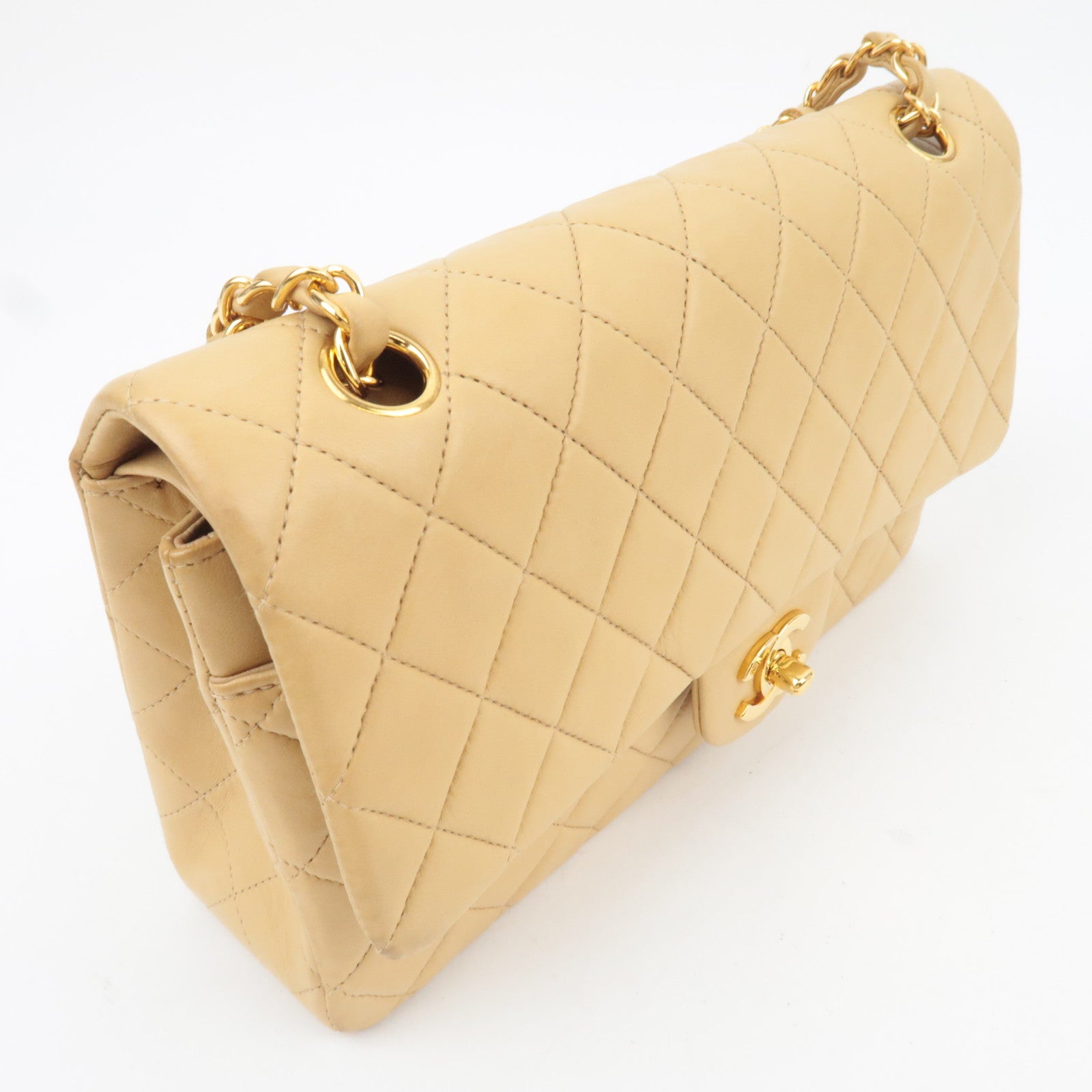CHANEL Matelasse Lambskin Double Flap Chain Shoulder Bag Beige