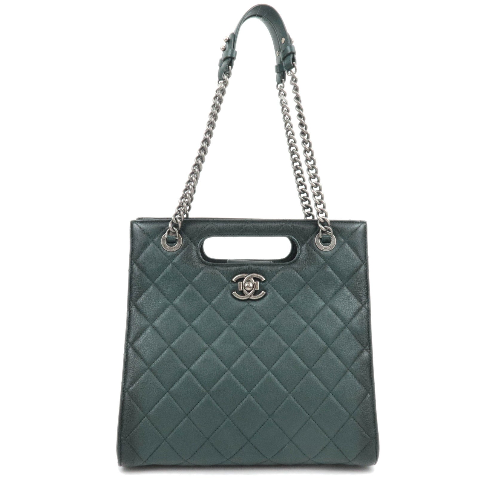 CHANEL 2Way Leather Chain Shoulder Bag Green Ombre Silver HDW *Dust bag87443