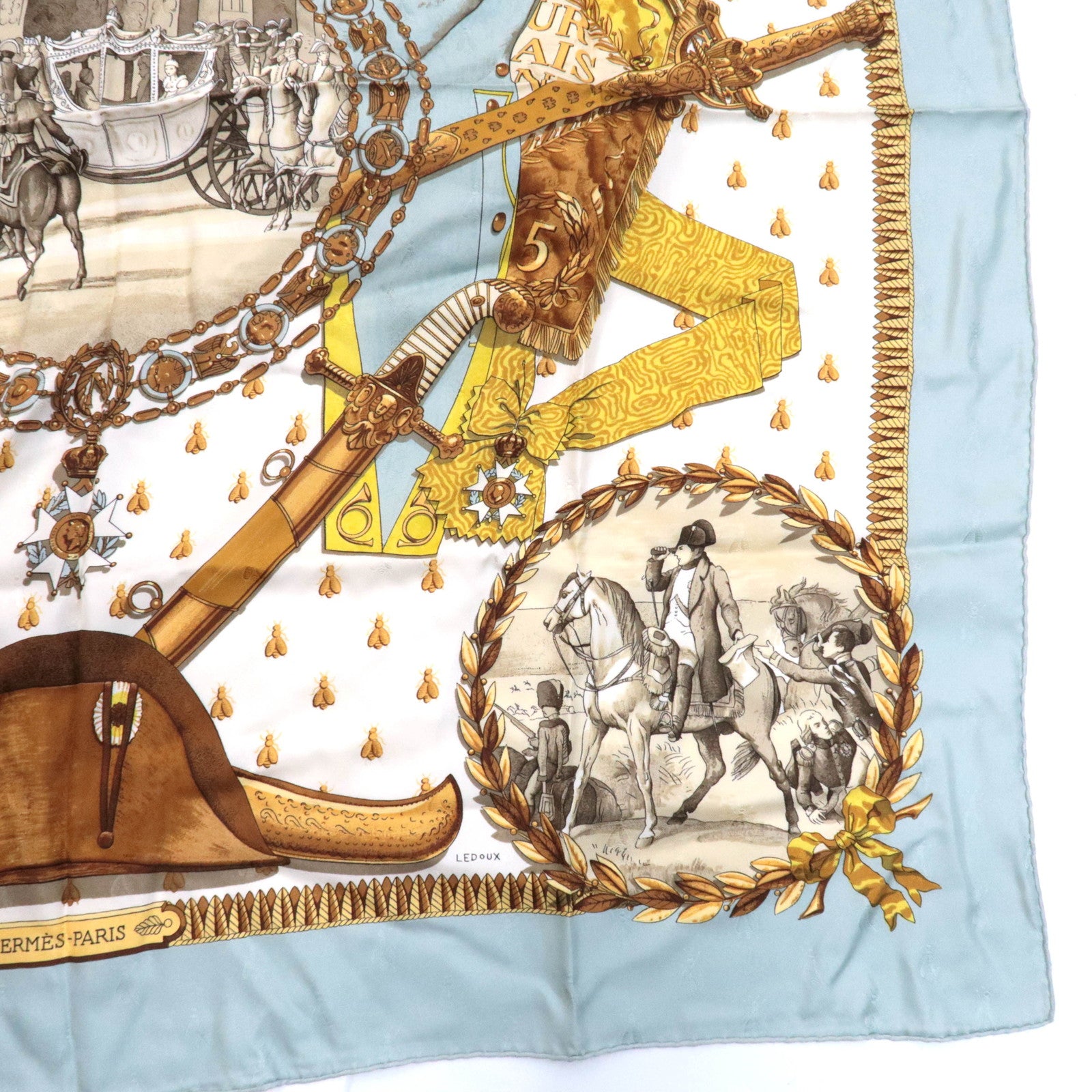 HERMES Carre 90 Scarf NAPOLEON 100% Silk White Light Blue