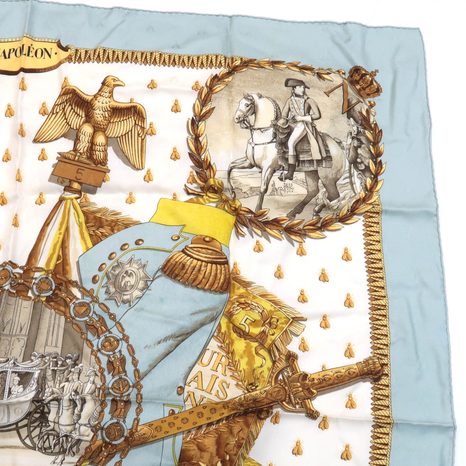 HERMES Carre 90 Scarf NAPOLEON 100% Silk White Light Blue