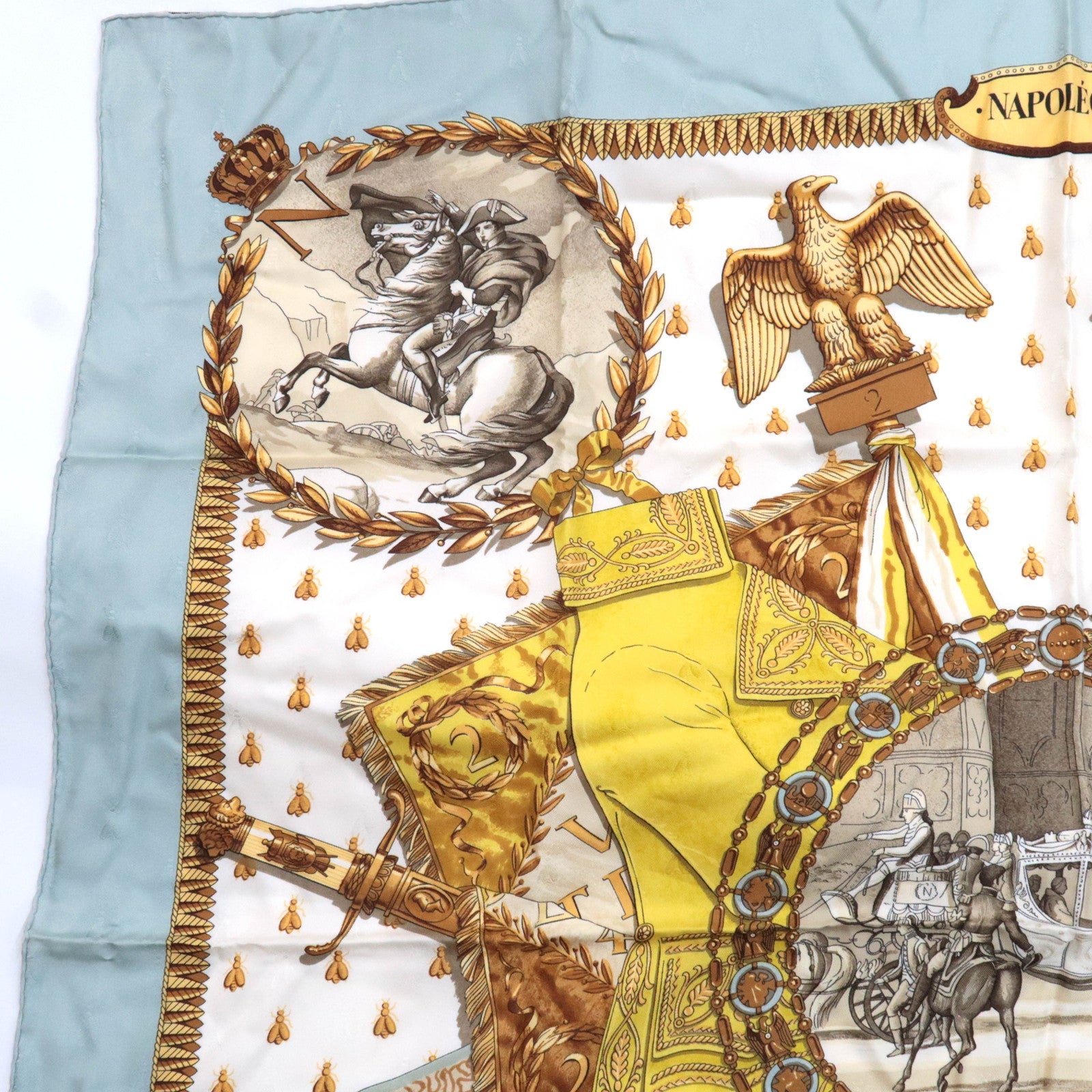 HERMES Carre 90 Scarf NAPOLEON 100% Silk White Light Blue