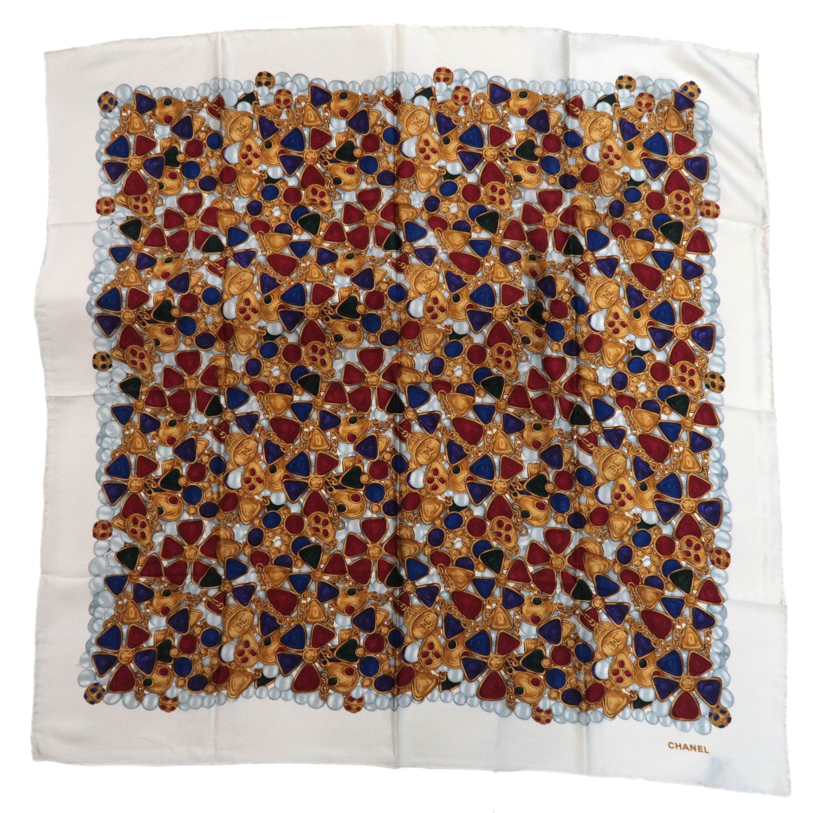 CHANEL Scarf Jewelry Print 100% Silk White *Case87455