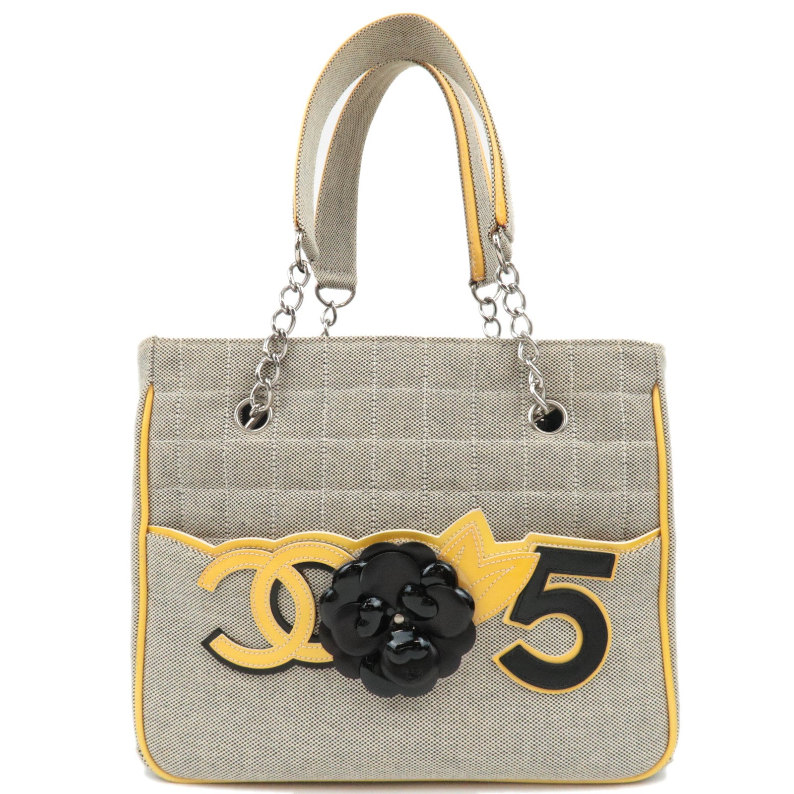 CHANEL Coco Mark Camellia No. 5 Canvas Patent Chain Tote Bag Beige Yellow Black A31573 *Box, Dust bag, G card87462