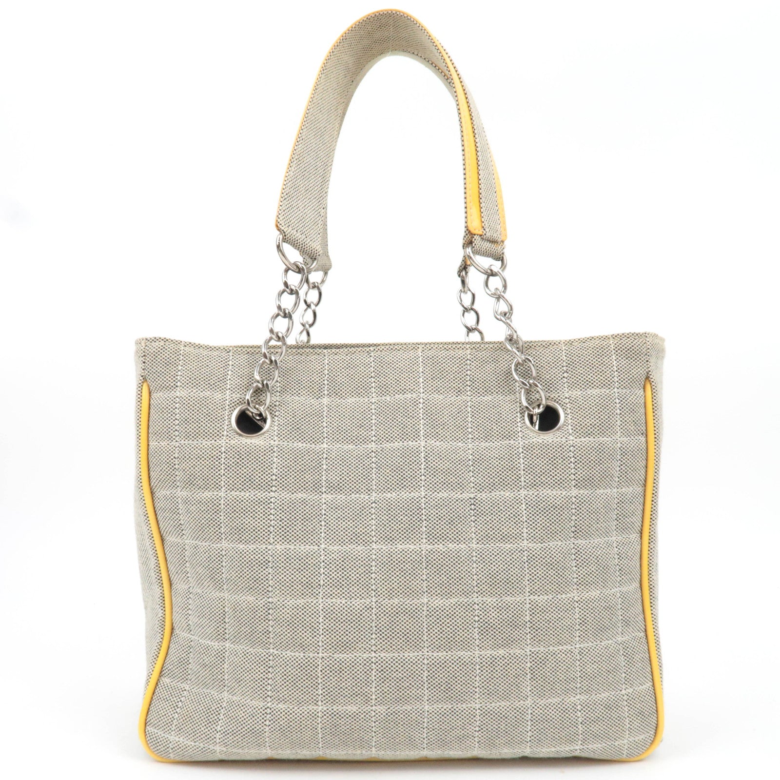 CHANEL Coco Mark Camellia No. 5 Canvas Patent Chain Tote Bag Beige Yellow Black A31573 *Box, Dust bag, G card