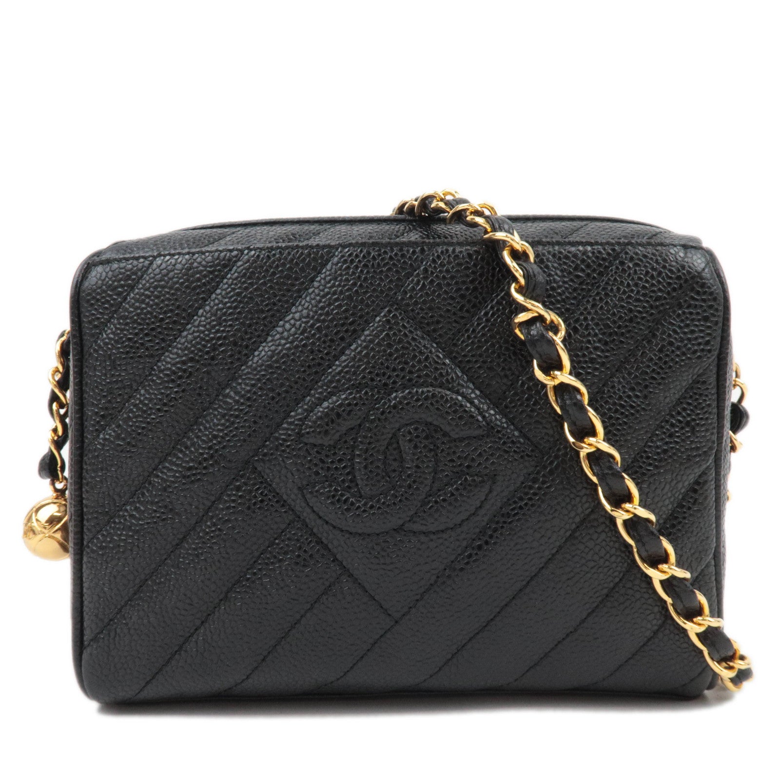 CHANEL Coco Mark Caviarskin Chain Shoulder Bag Black Gold HDW *Box, Dust bag87468