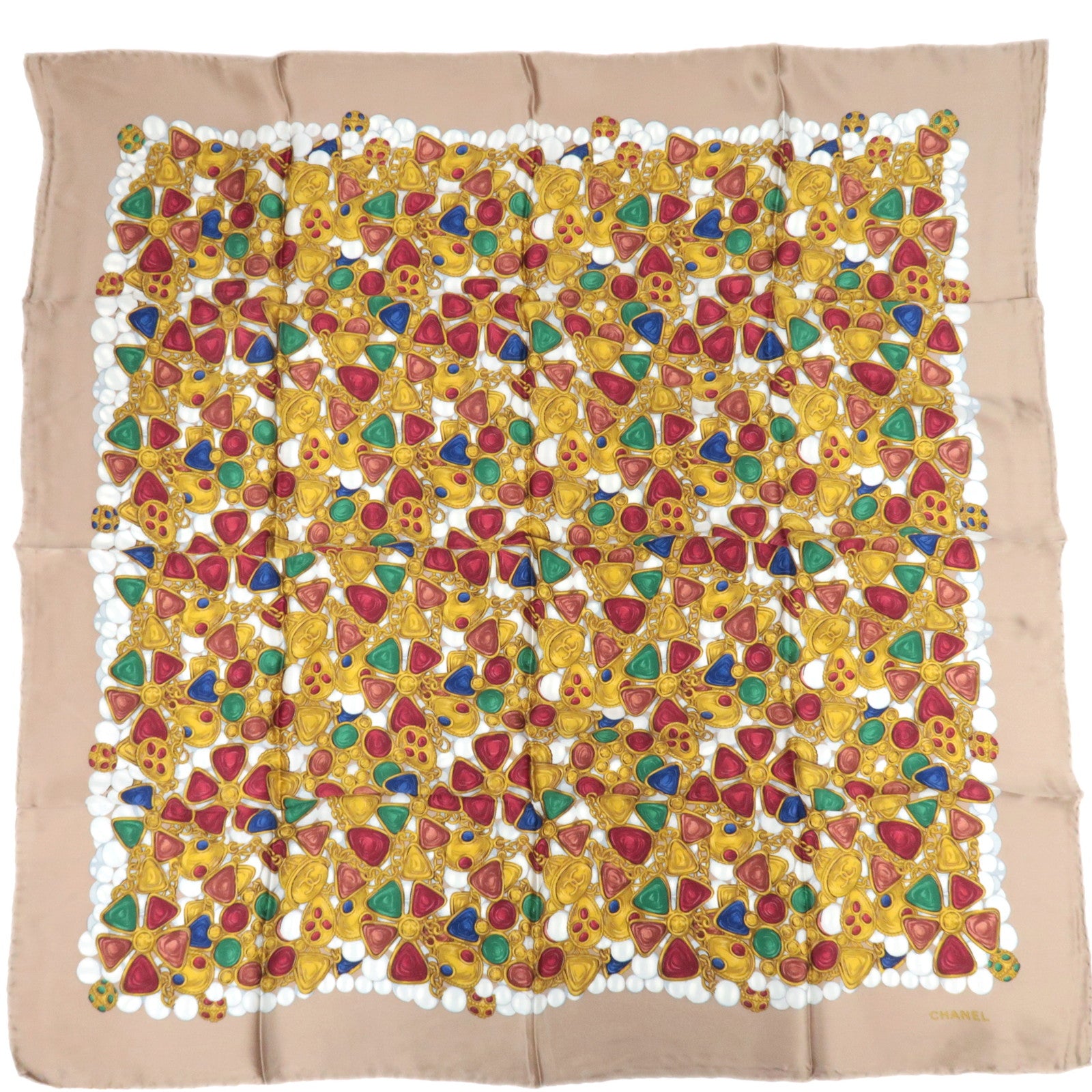CHANEL Scarf Jewelry Print 100% Silk Beige 87496