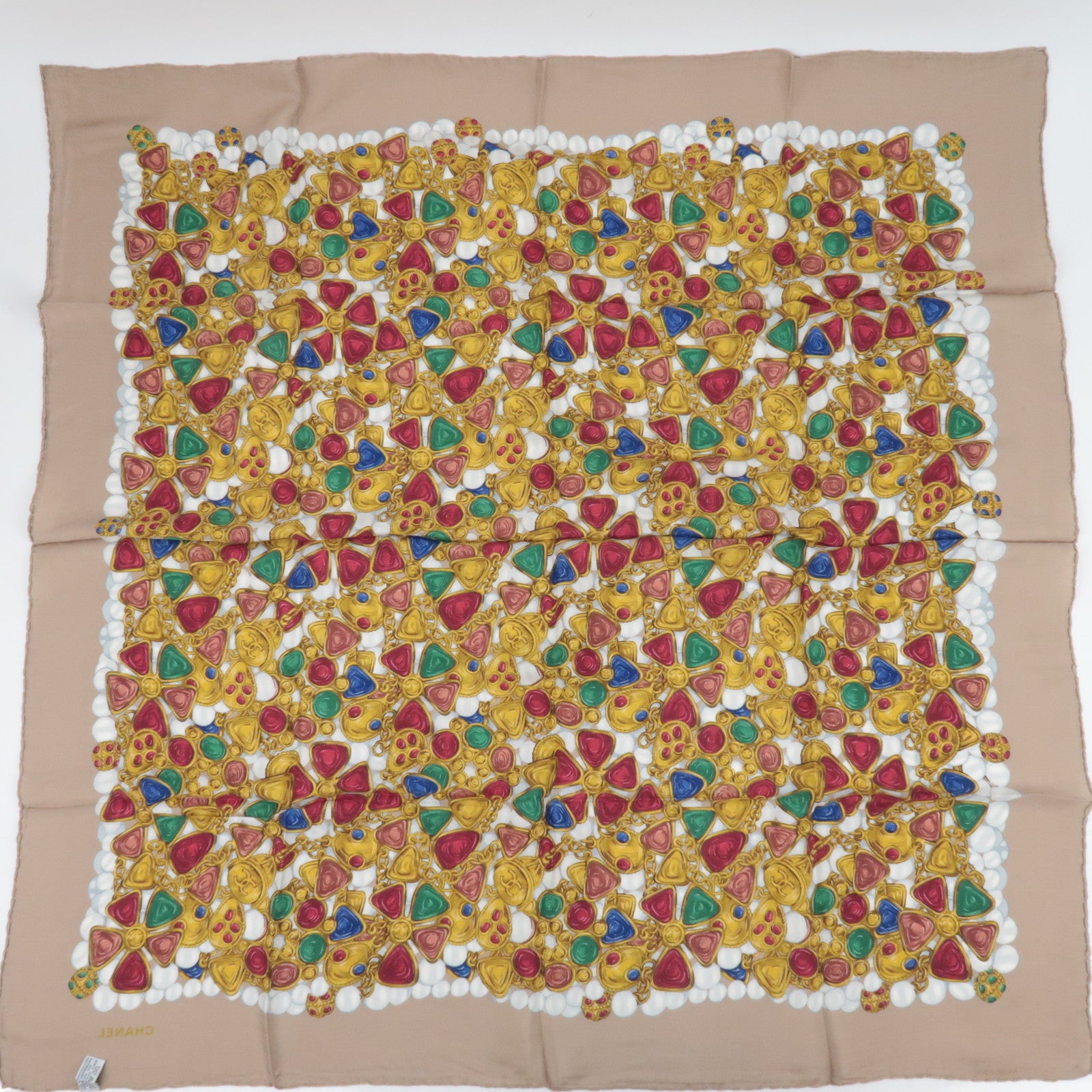 CHANEL Scarf Jewelry Print 100% Silk Beige