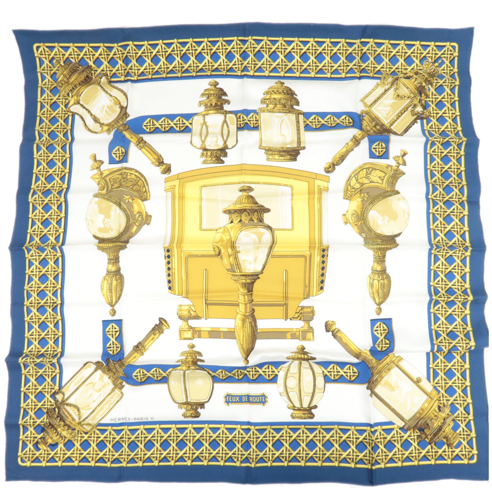 HERMES Carré 90 Scarf FEUX DE ROUTE 100% Silk Blue 87498
