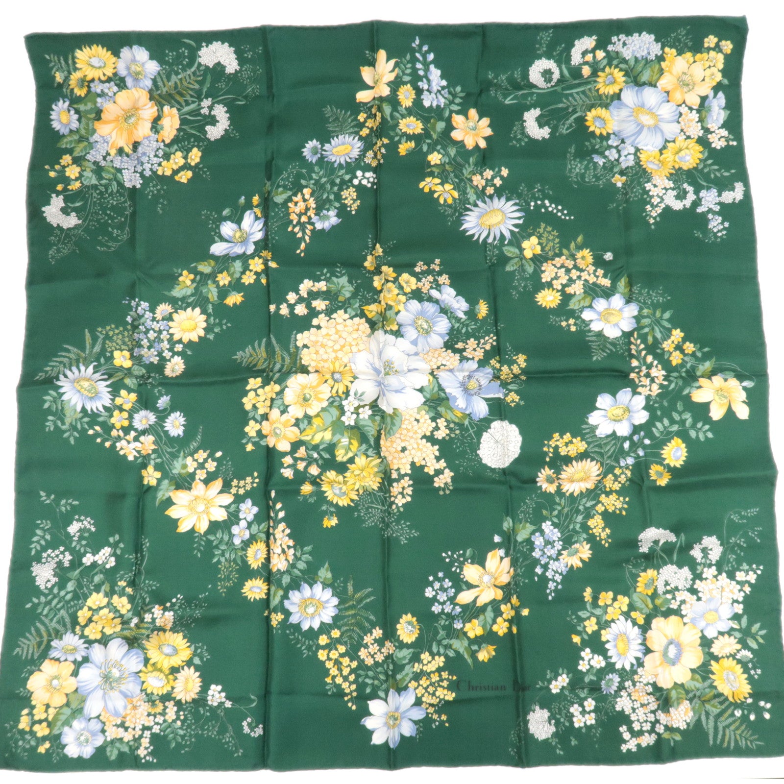 Christian Dior Floral Print Scarf 100% Silk Green 87499