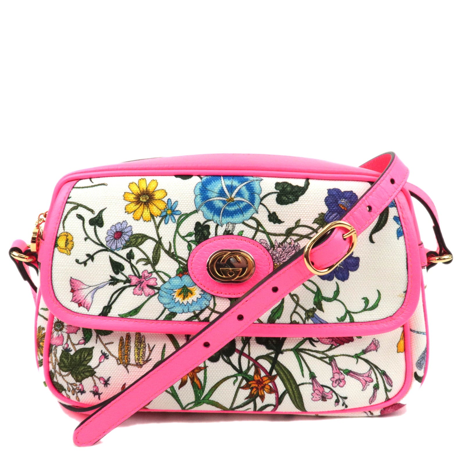 GUCCI Flora Canvas Leather Shoulder Bag White Pink 55014787534