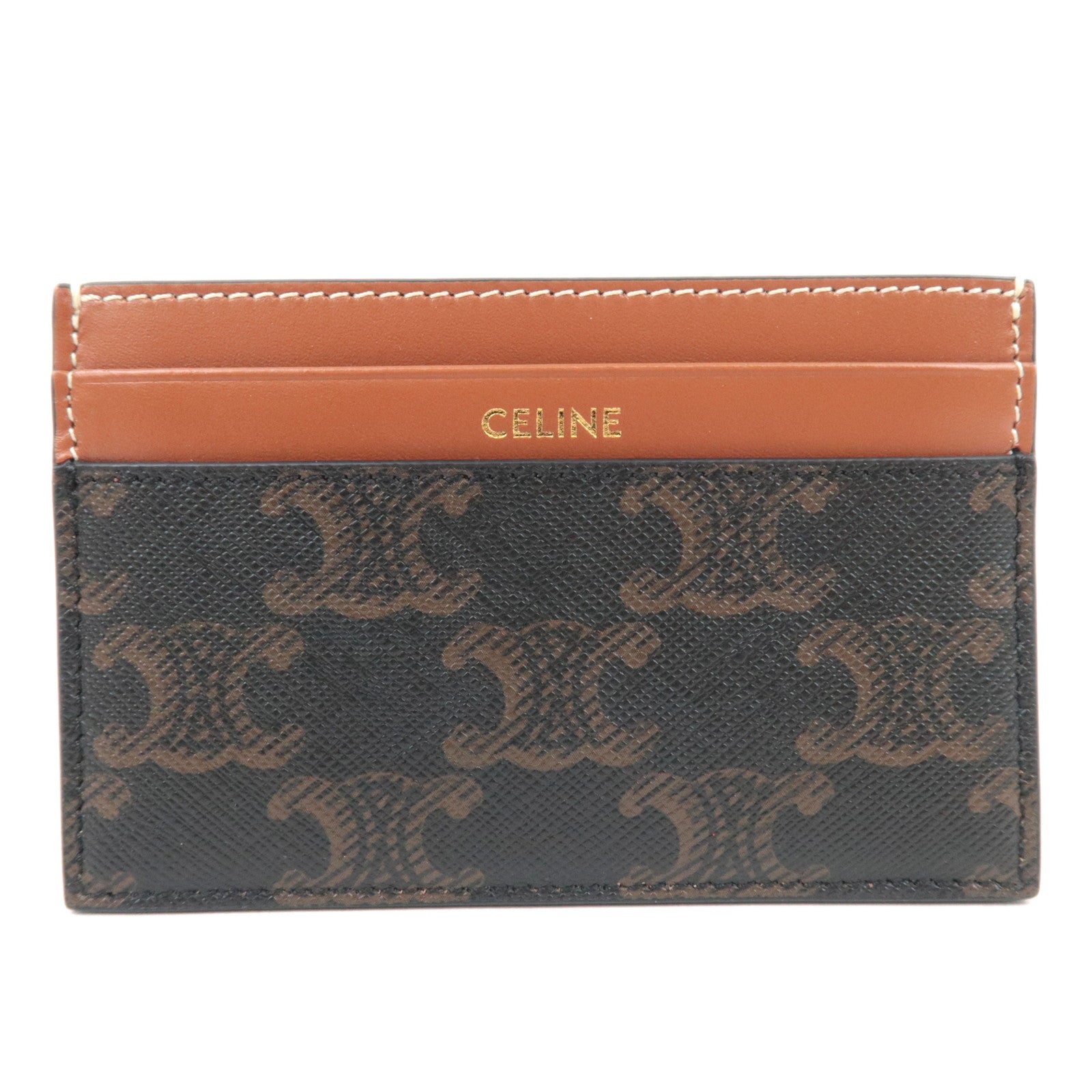CELINE Triomphe PVC Leather Card Case Black Brown87613