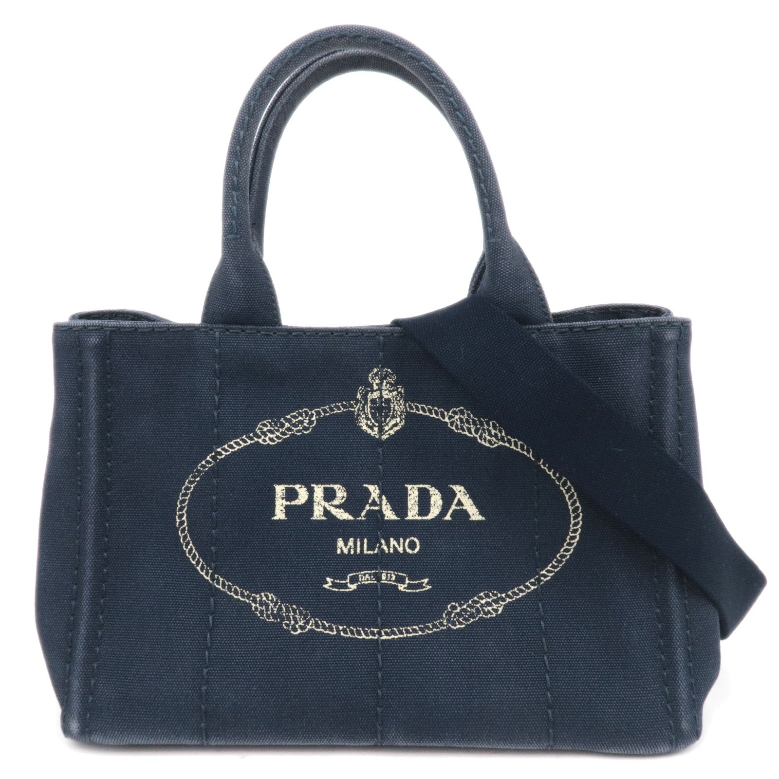 PRADA Canapa Mini 2-Way Canvas Tote Bag Navy 1BG43987630