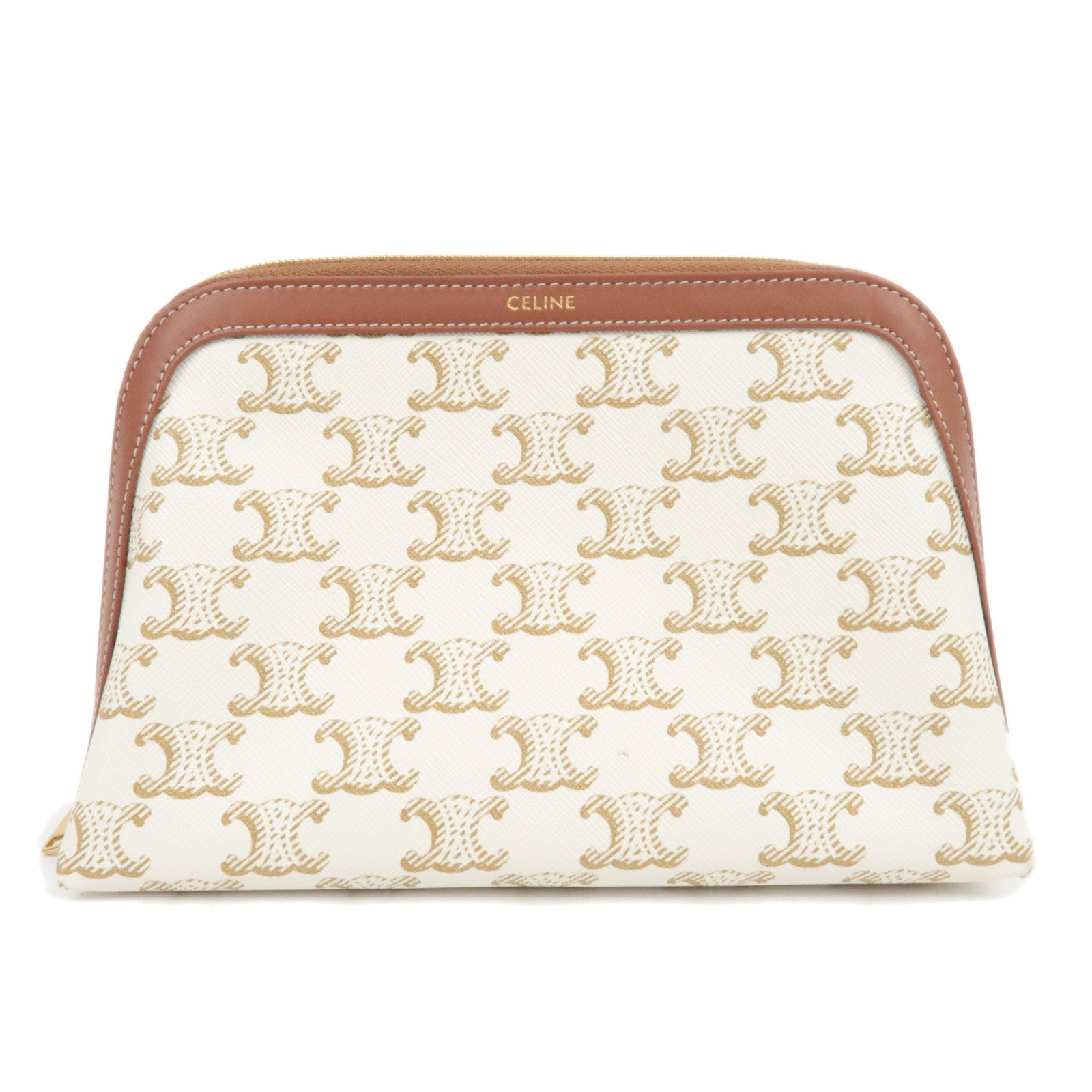 CELINE Triomphe PVC Leather Cosmetic Pouch White Brown87640