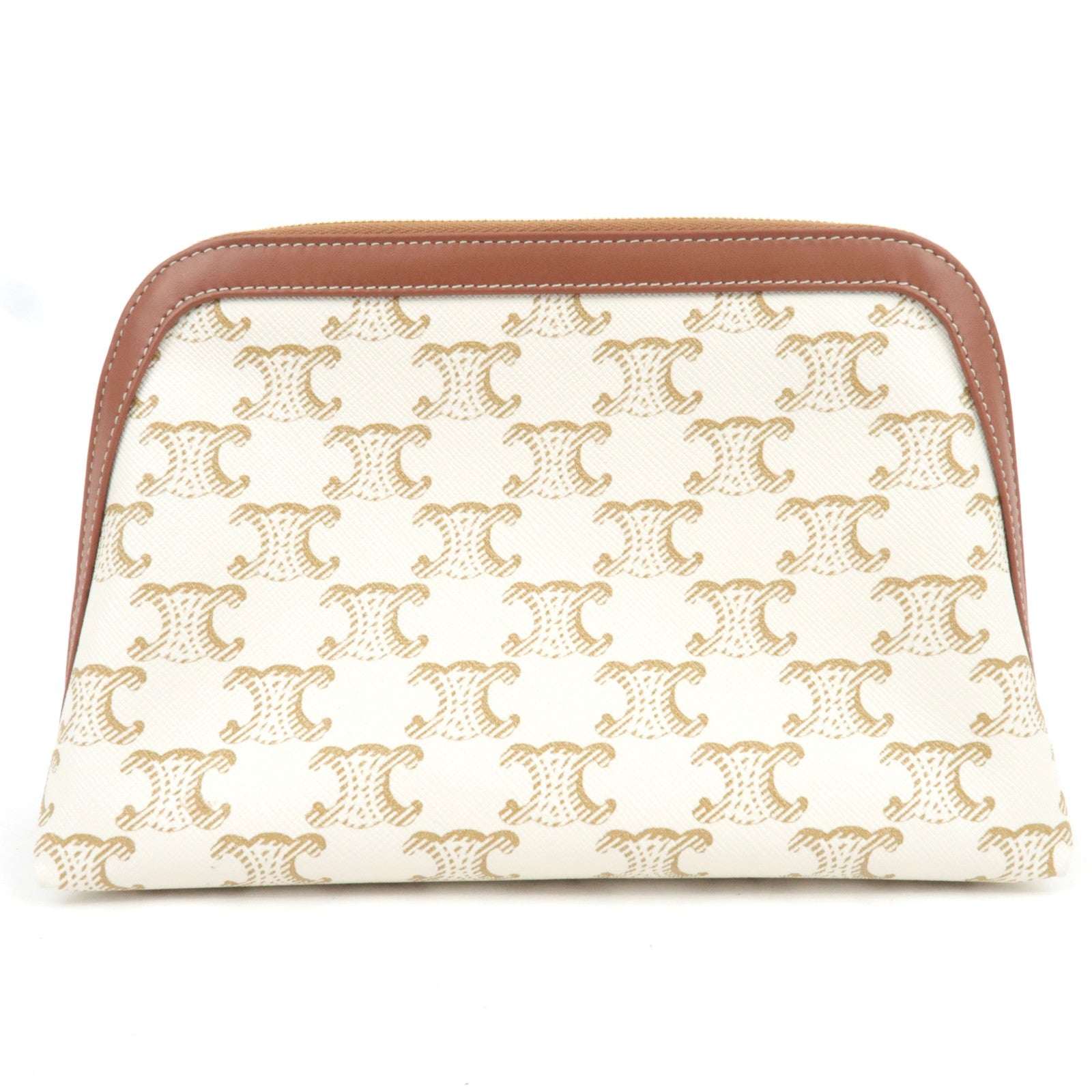 CELINE Triomphe PVC Leather Cosmetic Pouch White Brown
