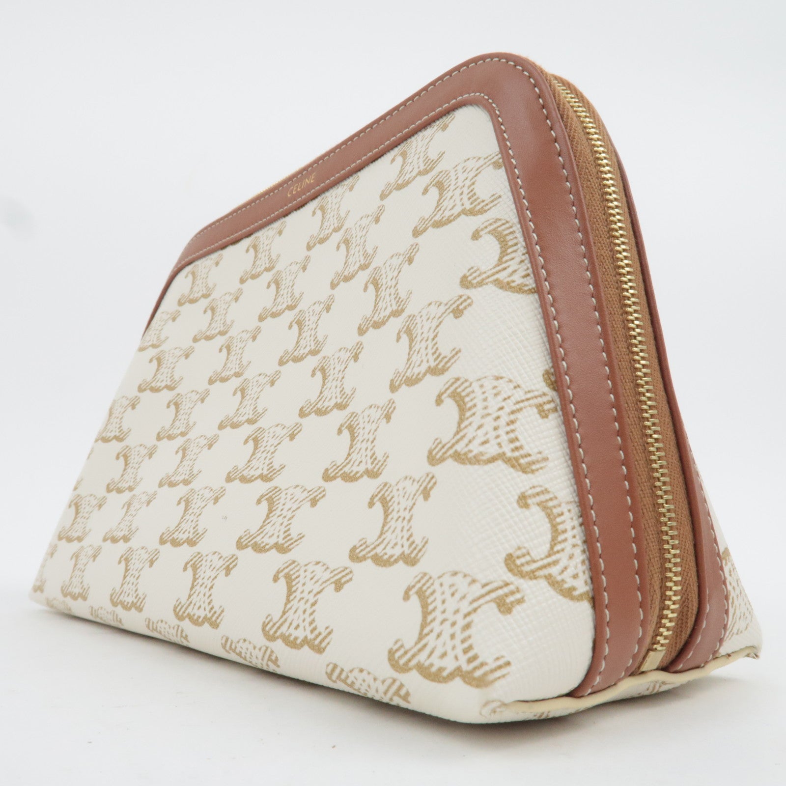 CELINE Triomphe PVC Leather Cosmetic Pouch White Brown