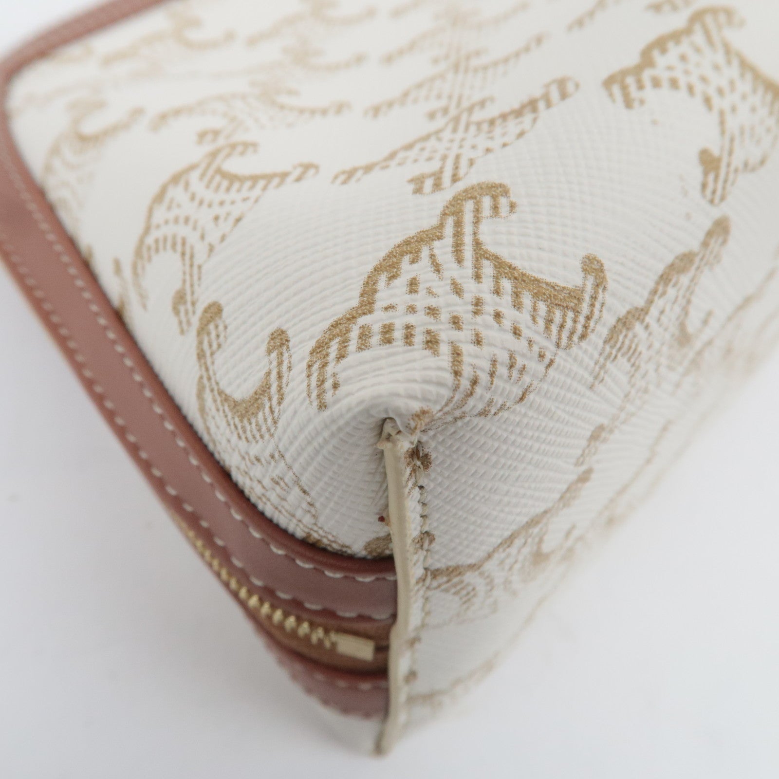 CELINE Triomphe PVC Leather Cosmetic Pouch White Brown