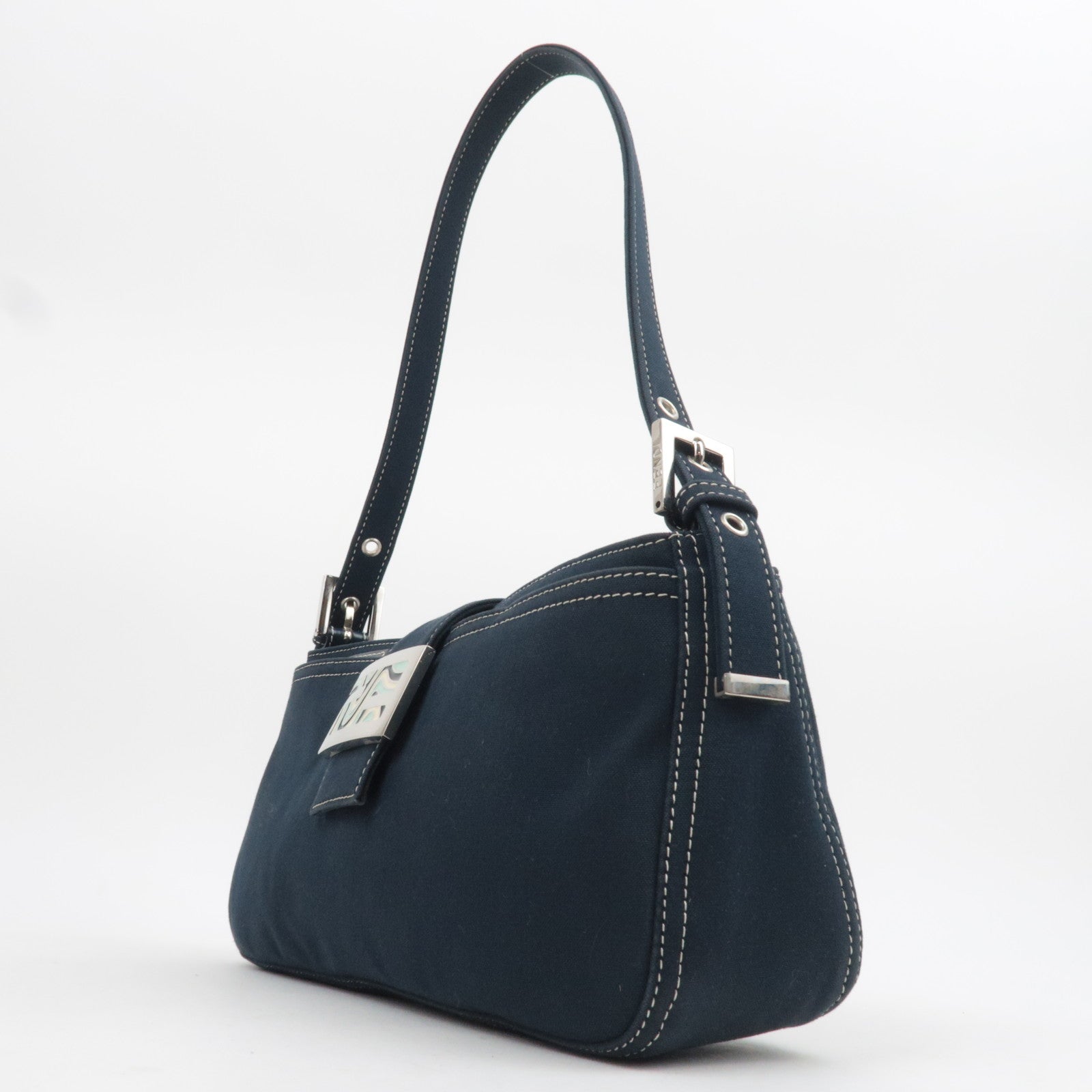 FENDI Canvas Leather Shoulder Bag Navy Marble