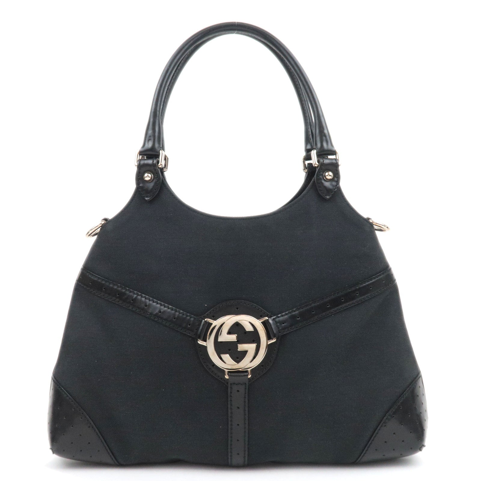 GUCCI Interlocking G Canvas Leather Shoulder Bag Black 11487587727