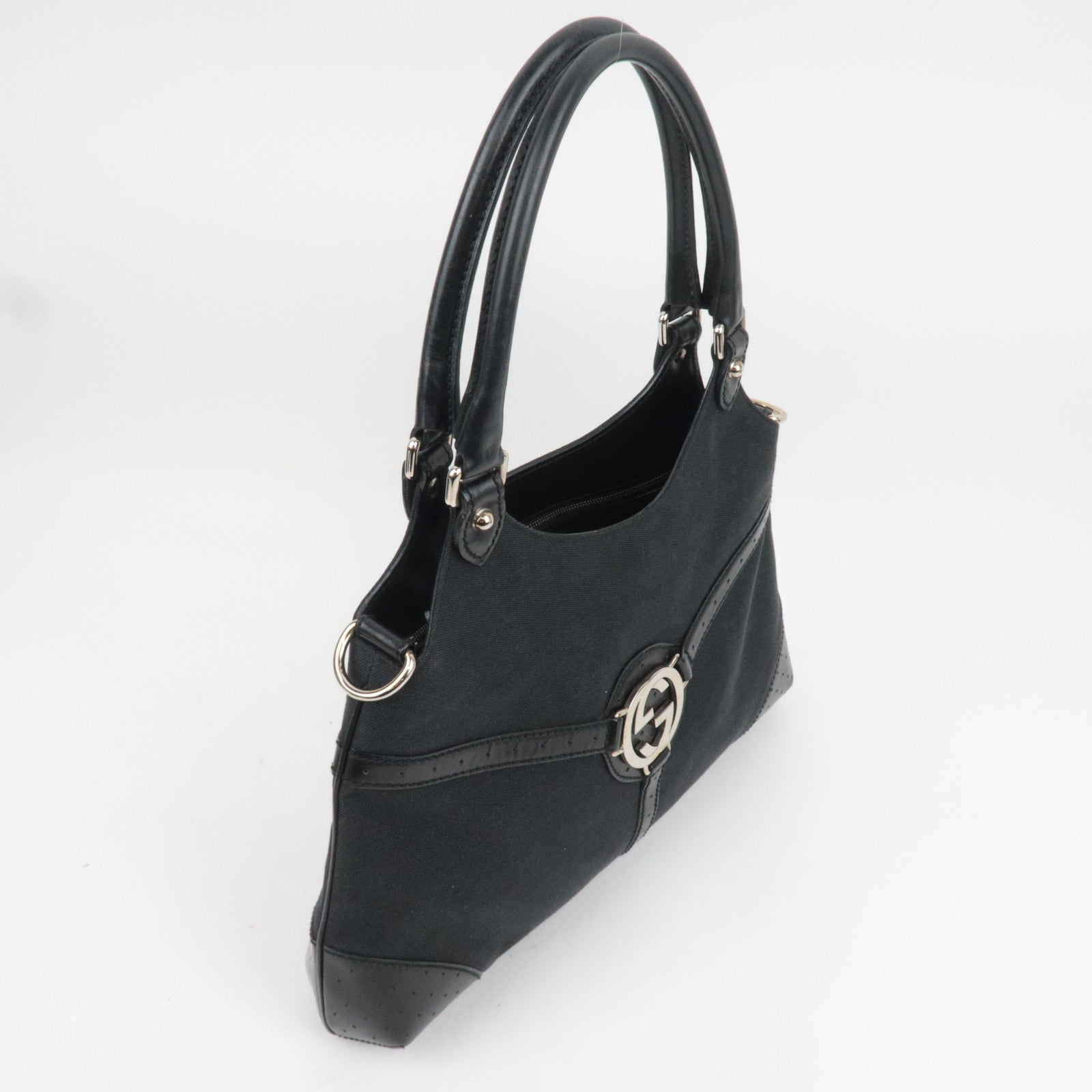 GUCCI Interlocking G Canvas Leather Shoulder Bag Black 114875