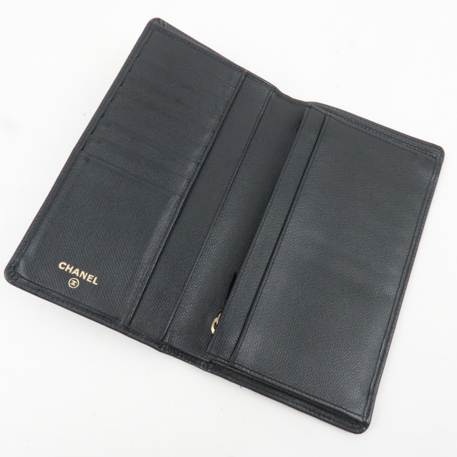 CHANEL Coco Button Leather Long Wallet Black Gold HDW