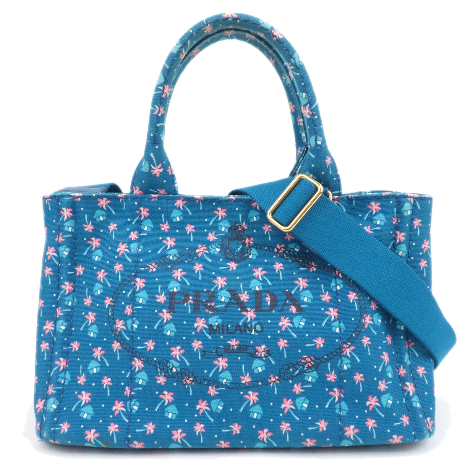 PRADA Canapa Mini Palm Tree Print Canvas Tote Bag Blue87757