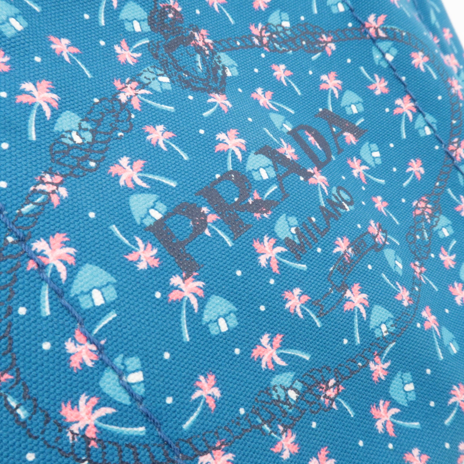 PRADA Canapa Mini Palm Tree Print Canvas Tote Bag Blue