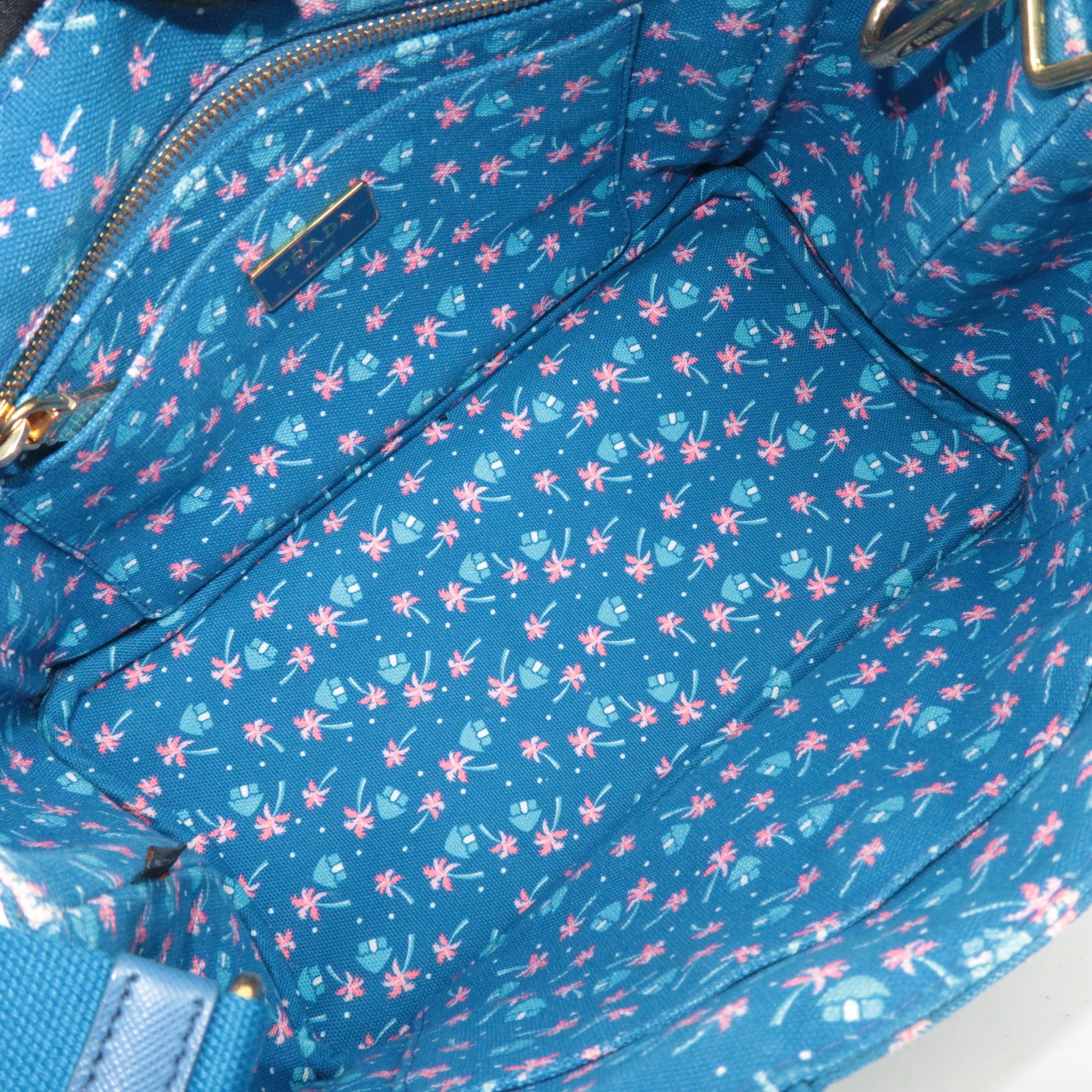 PRADA Canapa Mini Palm Tree Print Canvas Tote Bag Blue