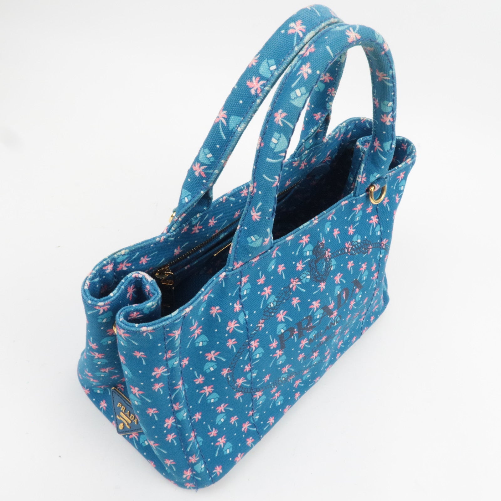 PRADA Canapa Mini Palm Tree Print Canvas Tote Bag Blue