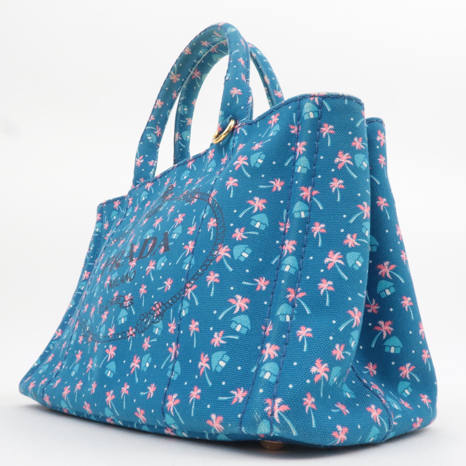 PRADA Canapa Mini Palm Tree Print Canvas Tote Bag Blue