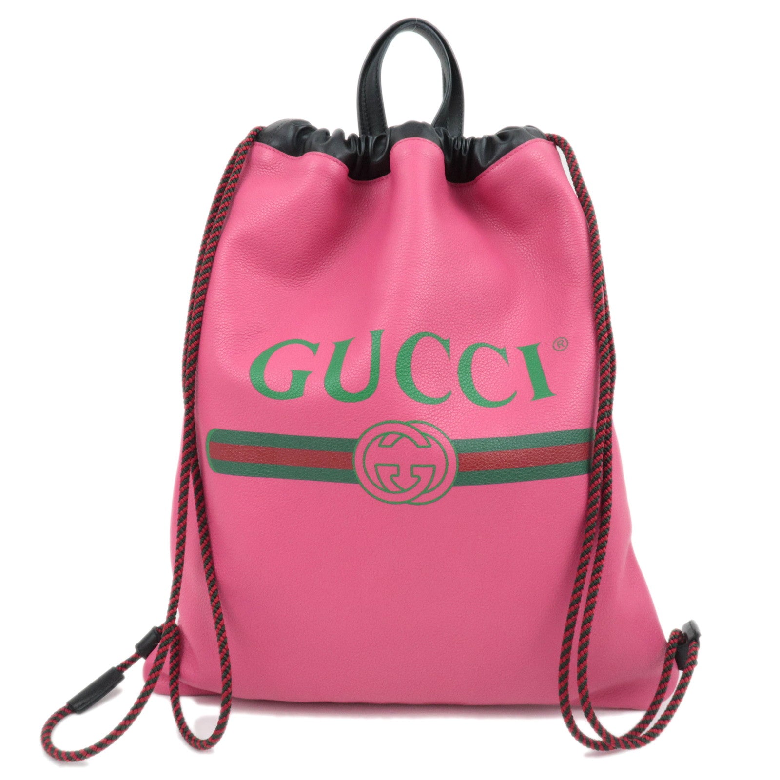 GUCCI Logo Print Drawstring Leather Backpack Pink 516639
