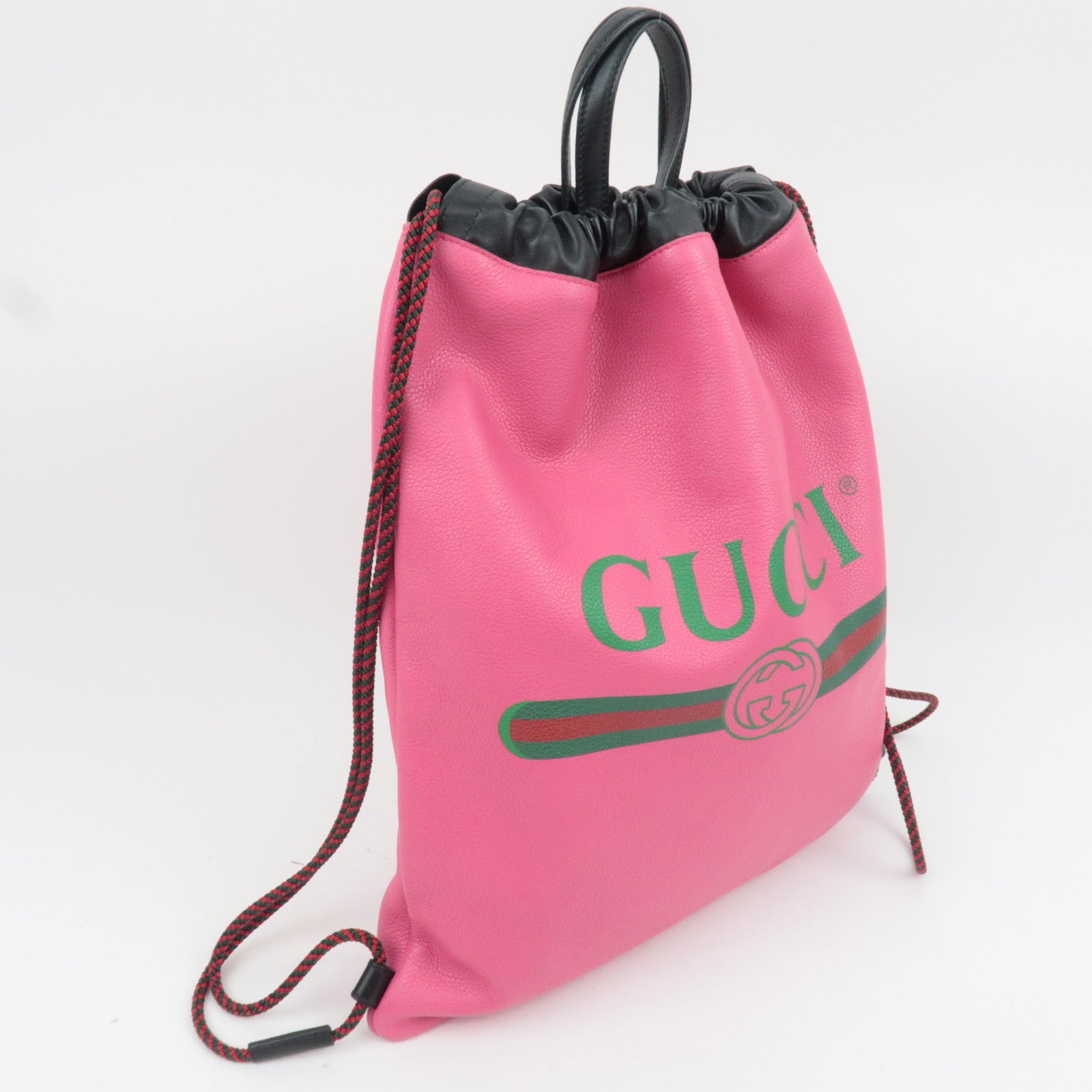 GUCCI Logo Print Drawstring Leather Backpack Pink 516639