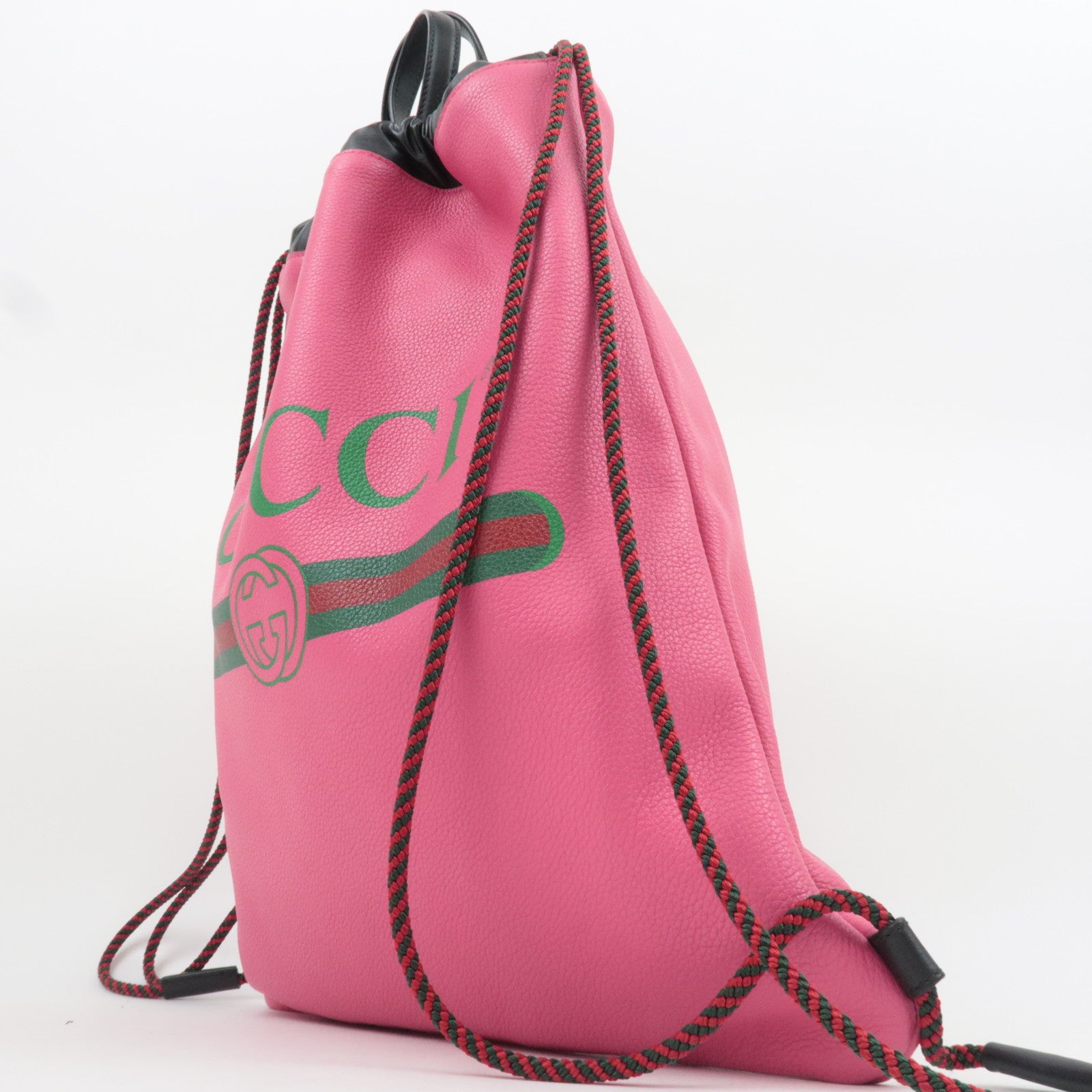 GUCCI Logo Print Drawstring Leather Backpack Pink 516639
