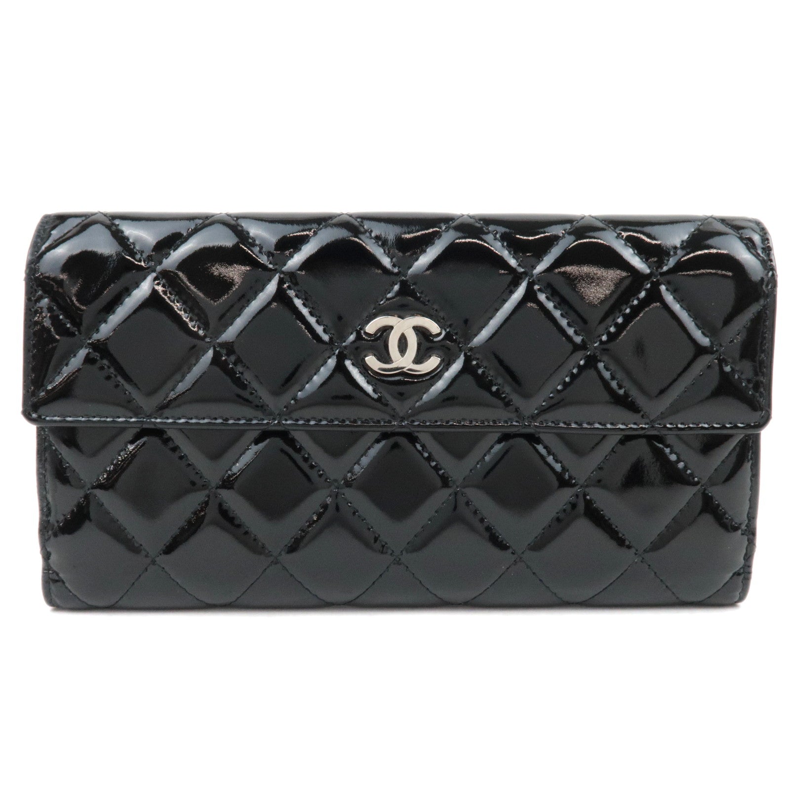 CHANEL Matelasse Patent Long Wallet Black Silver HDW87894