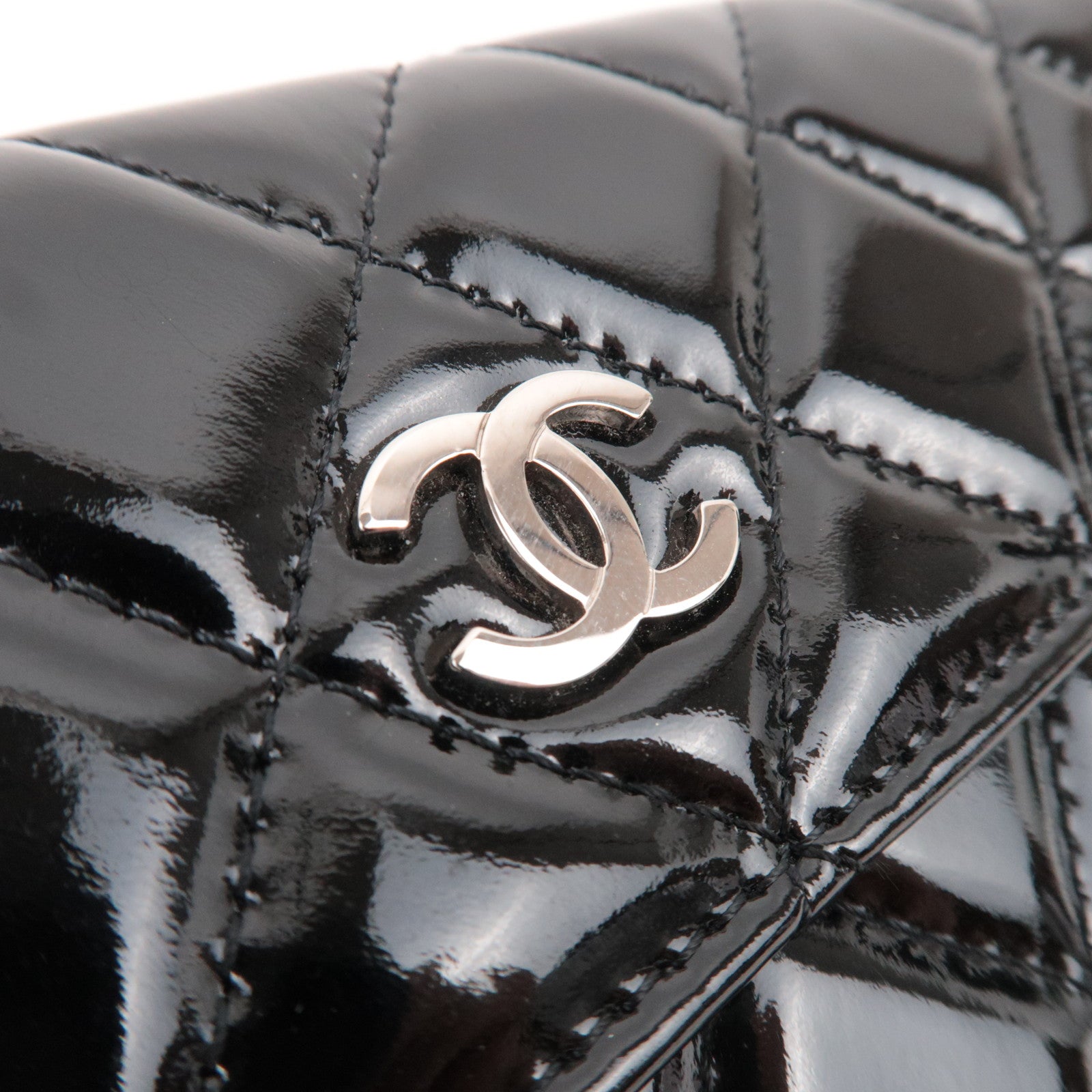 CHANEL Matelasse Patent Long Wallet Black Silver HDW