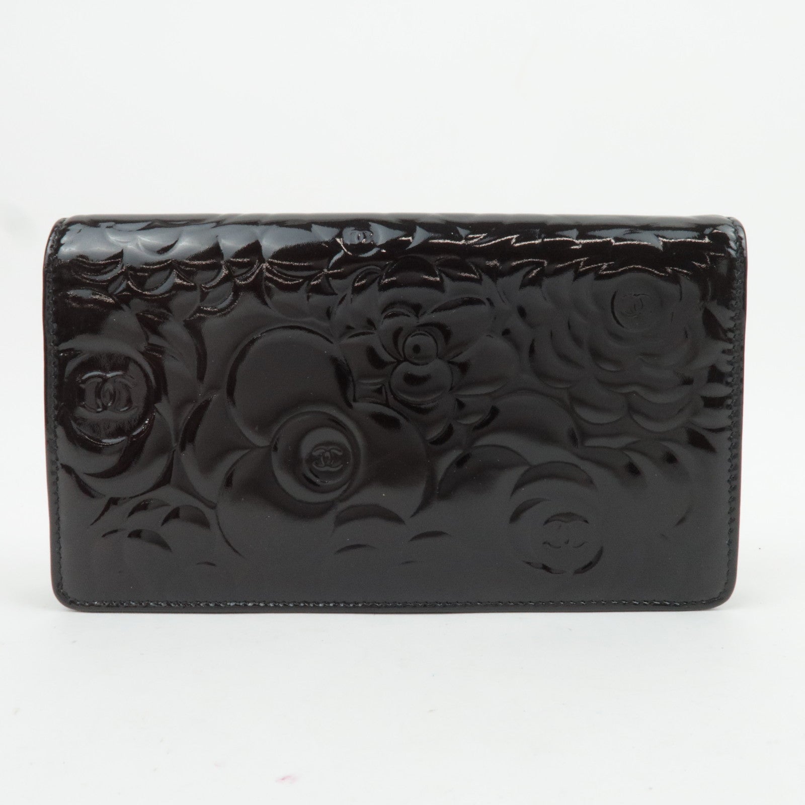CHANEL Camellia Patent Long Wallet Black Silver HDW