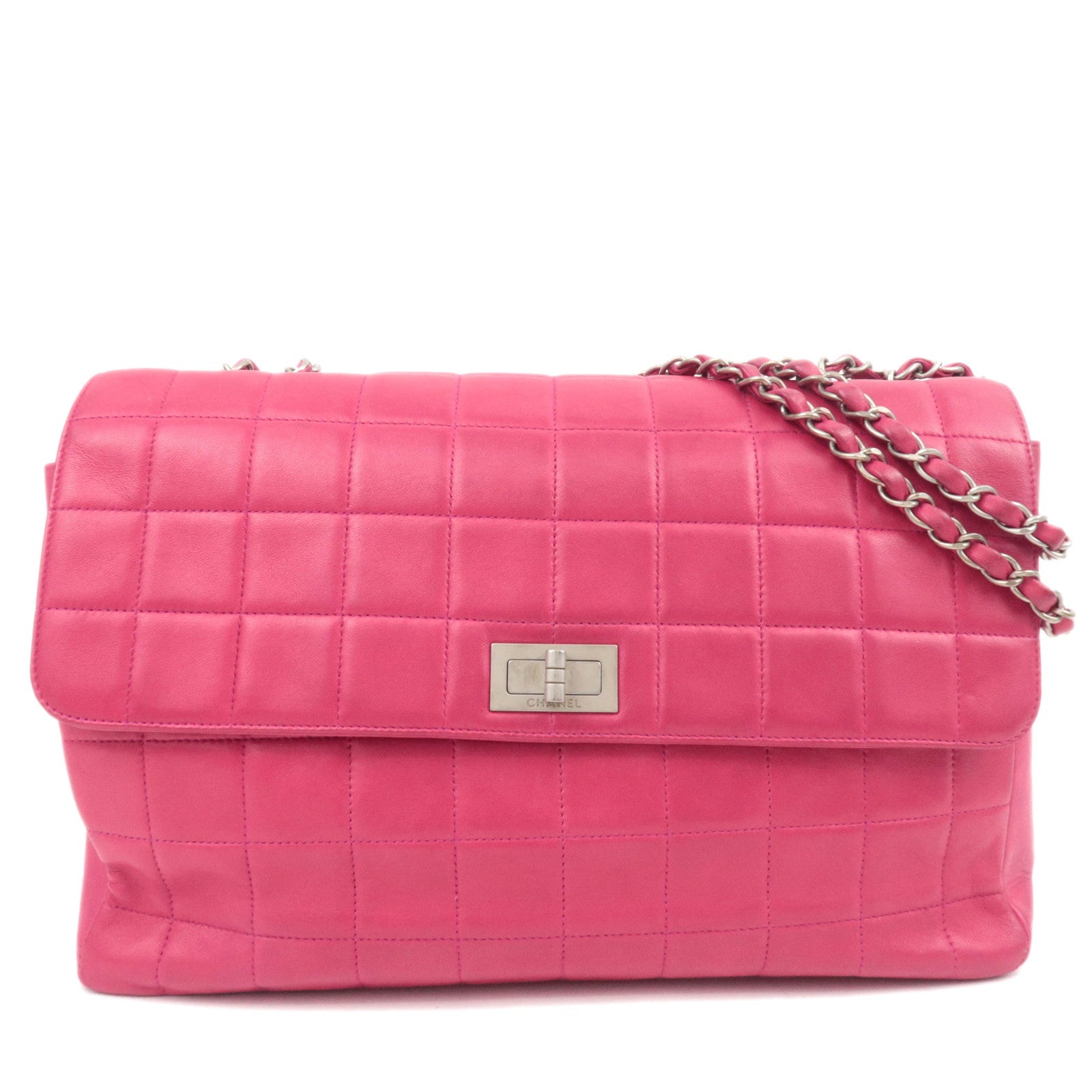 CHANEL 2.55 Chocolate Bar Lambskin Chain Shoulder Bag Pink Silver HDW87901