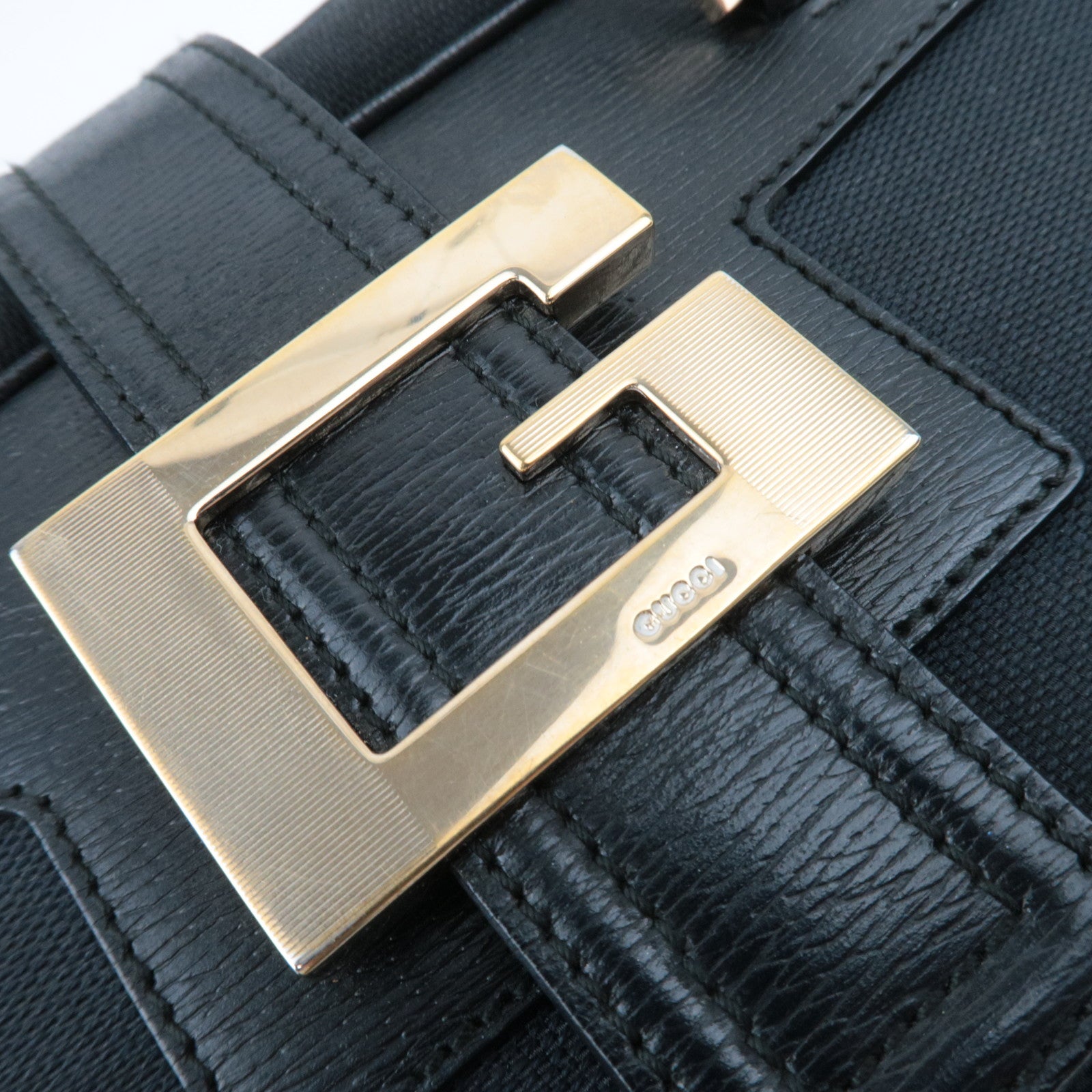 GUCCI G Logo Clasp Canvas Leather Handbag Black 001.5155