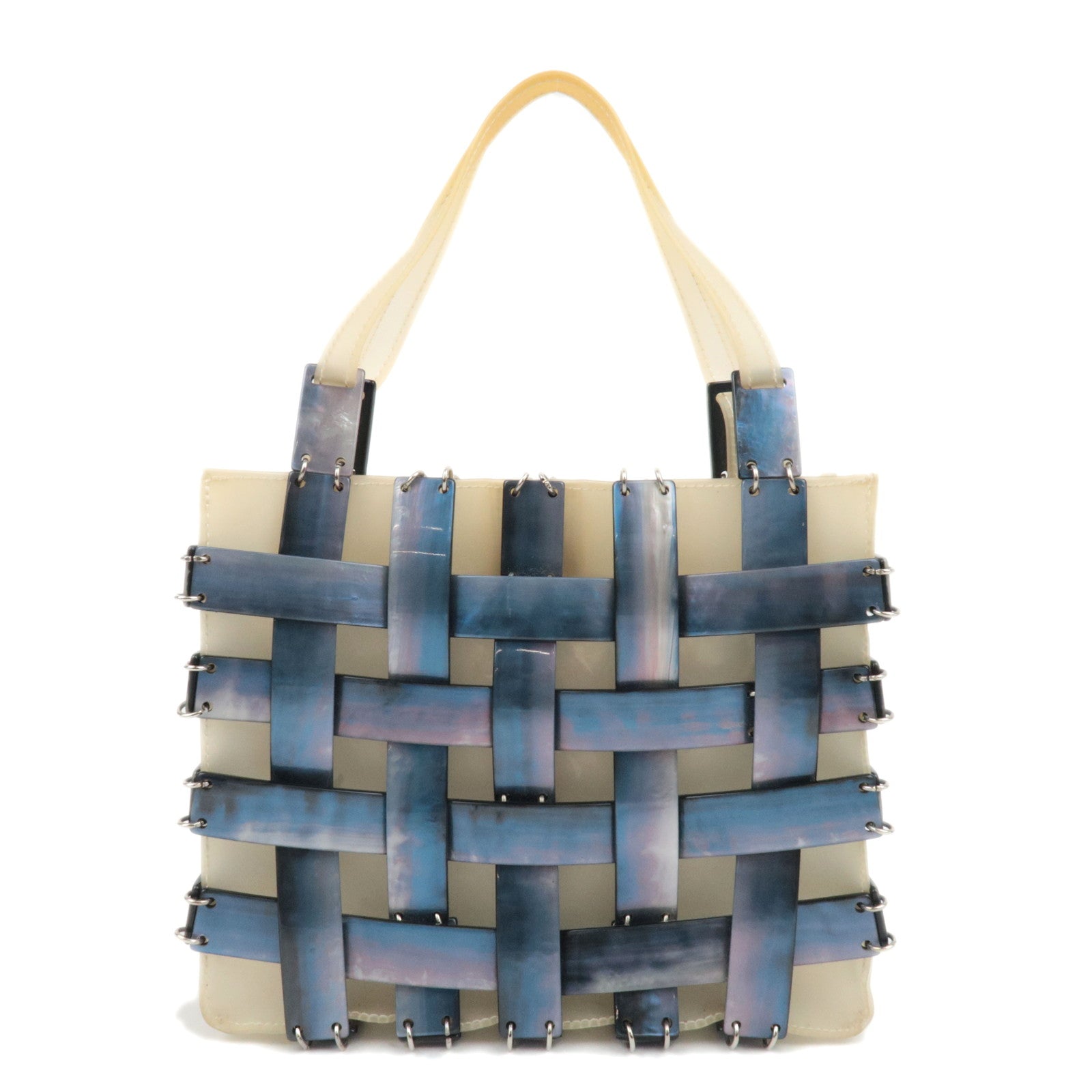 BOTTEGA VENETA Shell Plate Vinyl Handbag Navy Ivory 87974